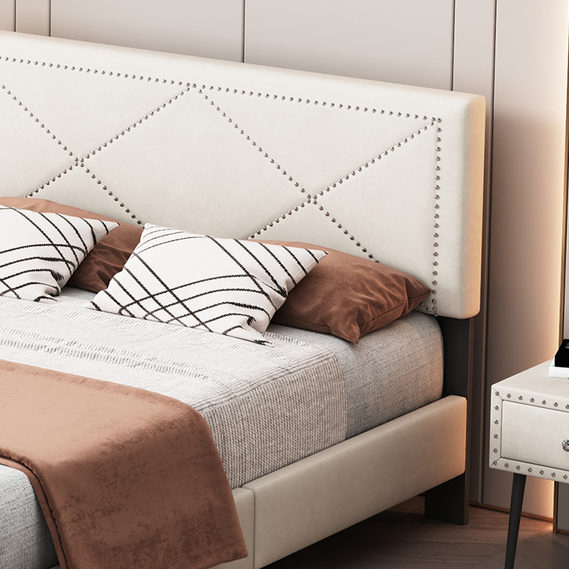 Simple Queen Size Upholstered Bed Frame With Rivet Design, Modern Velvet Platform Bed With Headboard, Beige Queen Beige Bedroom Bed Frame Velvet Solid Wood Mdf