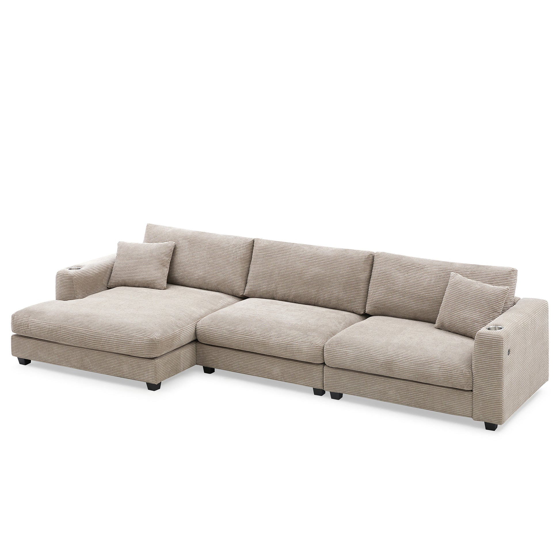 134*54"Oversized Corduroy Sectional Sofa,L Shaped Cloud Couch With Usb Charging Port,Cup Holder,Deep Seat Sofa Bed With 50" Chaise,Comfy Indoor Furniture For Living Room,3 Colors Khaki Corduroy 4 Seat