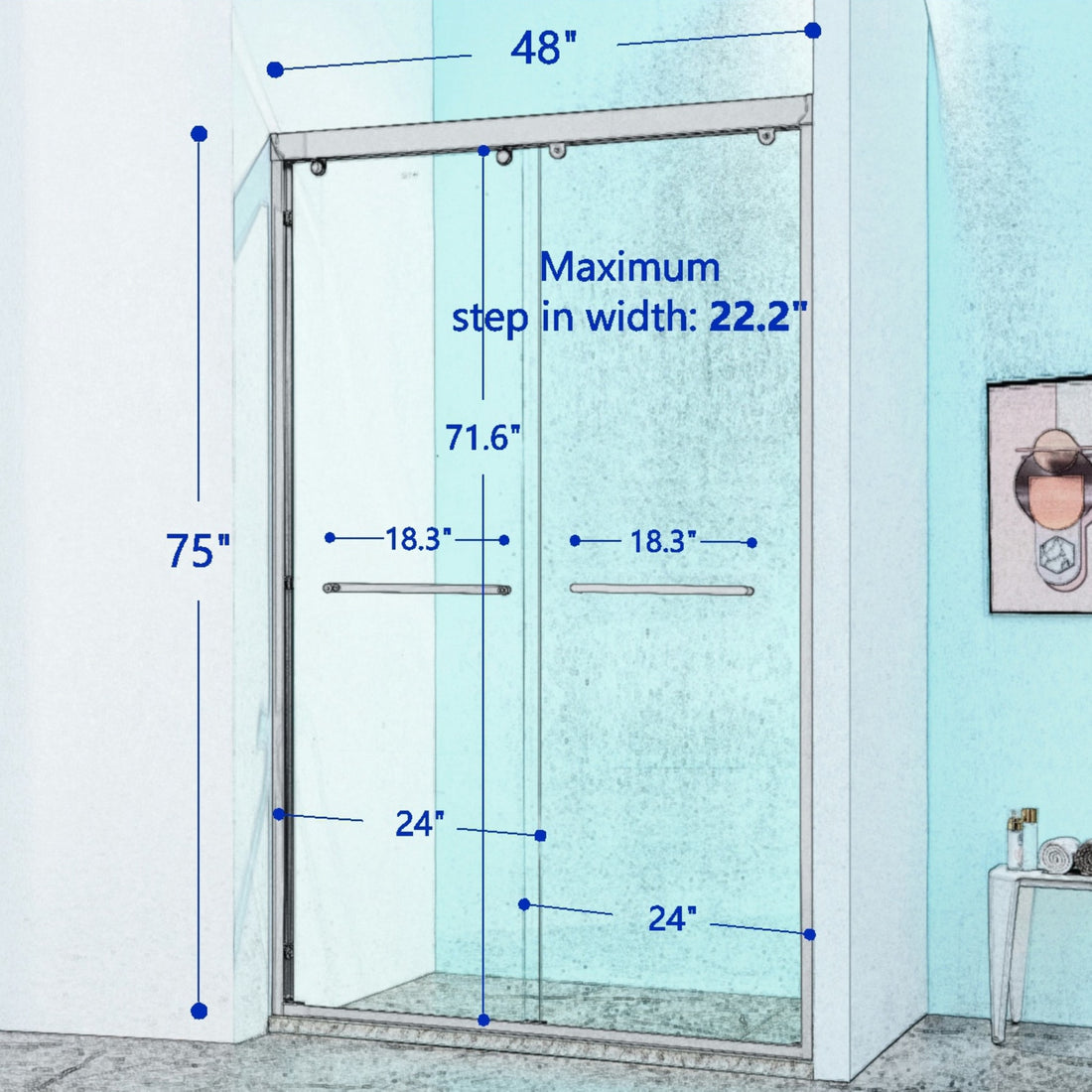 44 48"W X 75"H Double Sliding Shower Door, Aluminium Alloy Frame In Chrome, 5 16" 8Mm Thick Sgcc Tempered Clear Glass. Chrome Bathroom Classic,Luxury,Modern Glass Aluminium Alloy