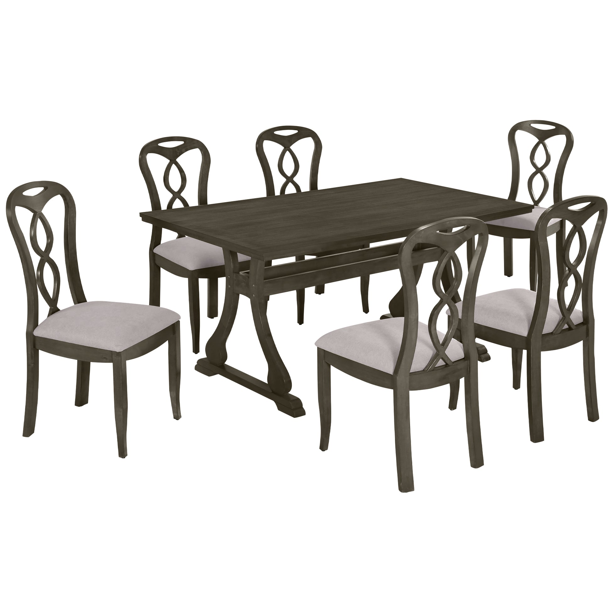 Retro 7 Piece Trestle Dining Table Set With Upholstered Dining Chairs, Smooth Dining Backs For Dining Room, Living Room, Kitchen, Gray Upholstered Chair Wood Gray Seats 6 Wood Dining Room Solid Wood Rubberwood Trestle Rectangular Foam Dining Table With