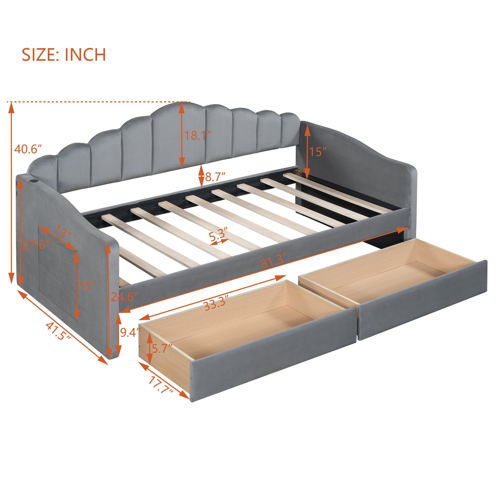 Twin Size Upholstered Daybed With 2 Drawers ,Velvet Sofabed With Usb Charging Ports,No Box Spring Needed,Gray Twin Gray Velvet