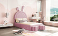 Twin Size Upholstered Rabbit Shape Bed With 2 Storage Stools, Velvet Platform Bed With Cartoon Ears Shaped Headboard, Pink Twin Pink Wood