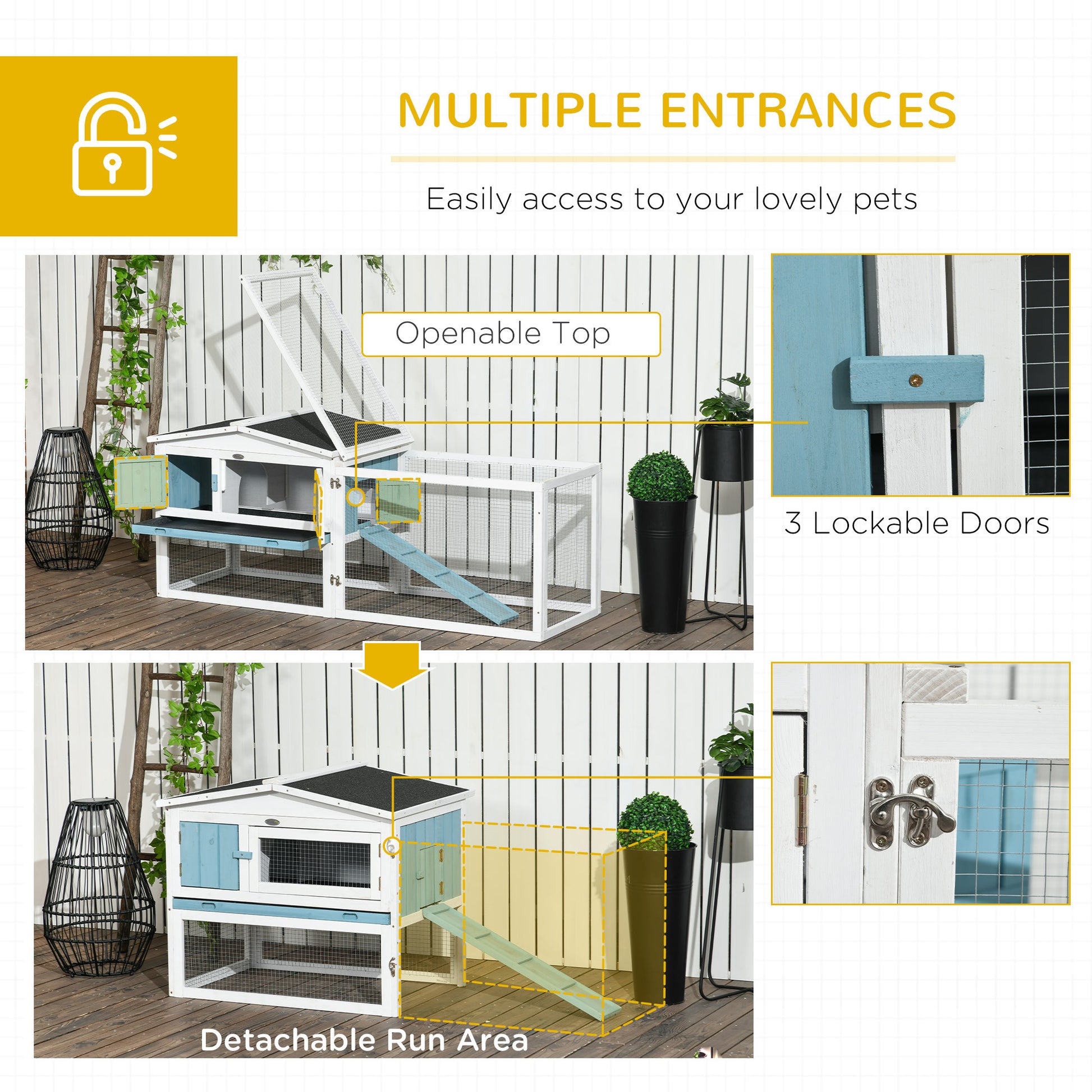 Pawhut Rabbit Hutch 2 Story Bunny Cage Small Animal House With Slide Out Tray, Detachable Run, For Indoor Outdoor, 61.5" X 23" X 27", Light Blue Blue Wood