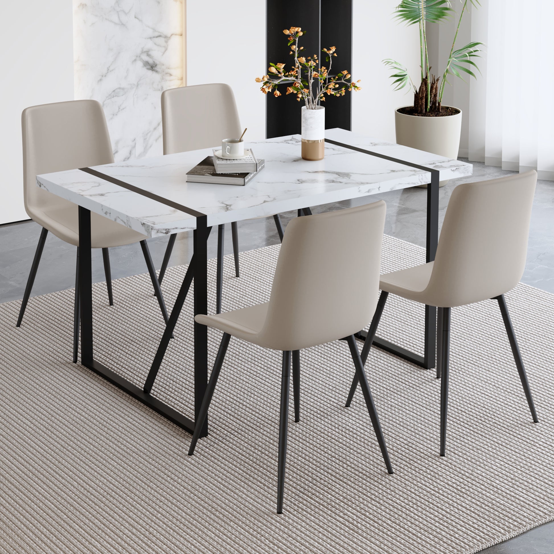 Table And Chair Set.A Modern Minimalist White Marble Veined Mdf Dining Table With Metal Frame.Paried With 4 Chairs With Pu Cushions And Black Metal Legs. Light Gray,White Seats 4 Mdf Metal