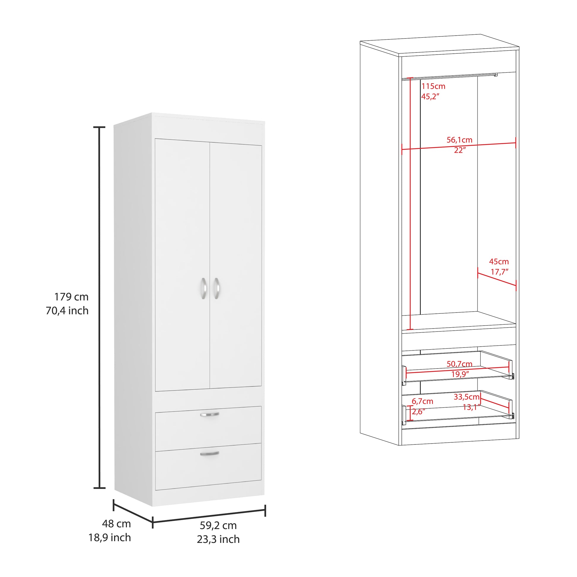 Alabama Armoire, One Large Cabinet, Two Drawers White Bedroom Modern Mdf Engineered Wood