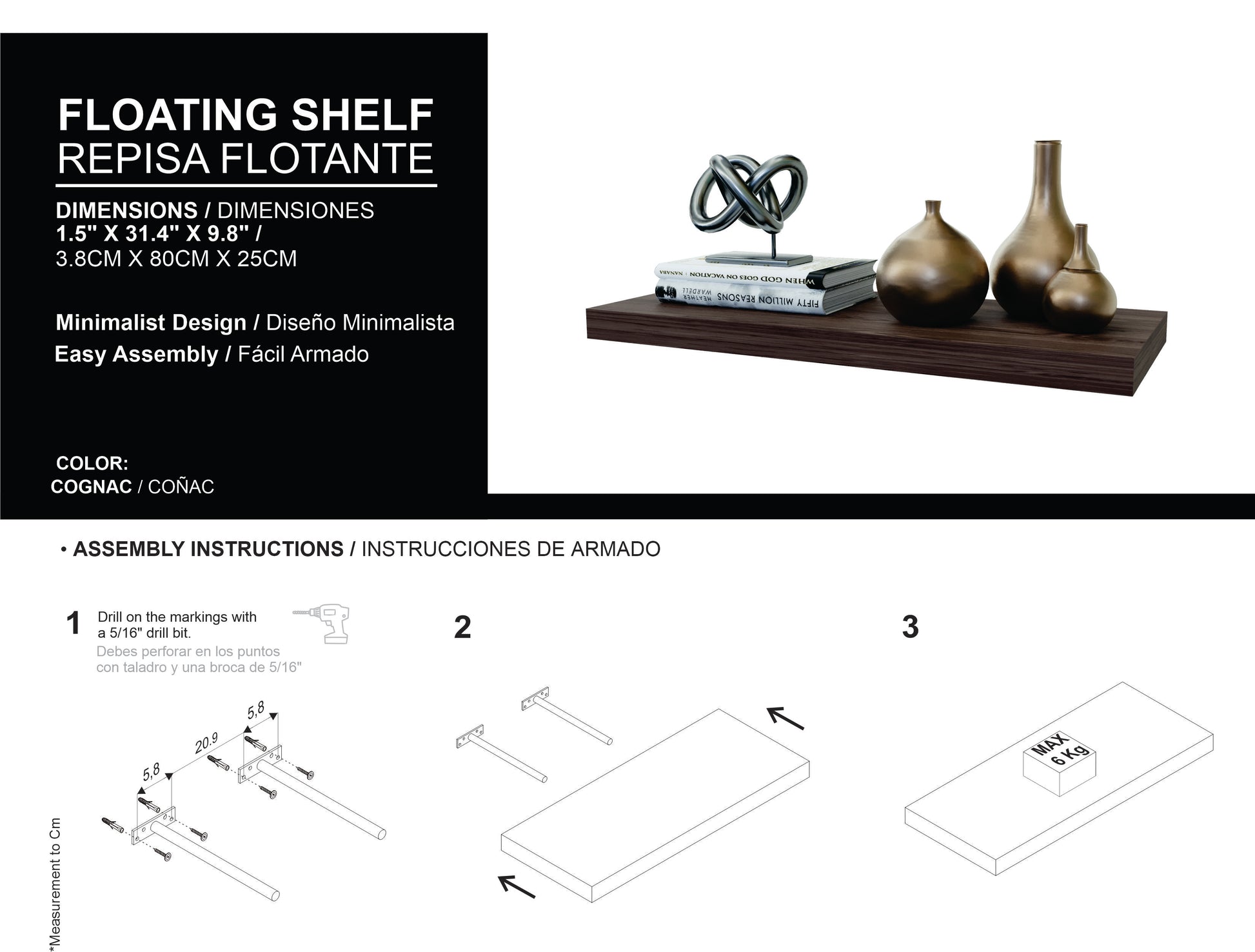 Floating Shelves 1.50" H, 2 Shelves, Walnut Brown Solid Wood Mdf Engineered Wood