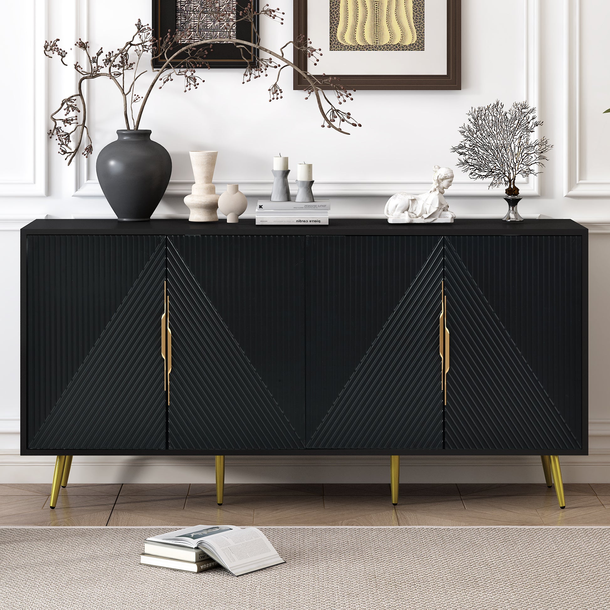 Stylish Sideboard With Wave Geometric Design, Conical Legs, Adjustable, Suitable For Study, Entryway And Living Room Black American Design Mdf