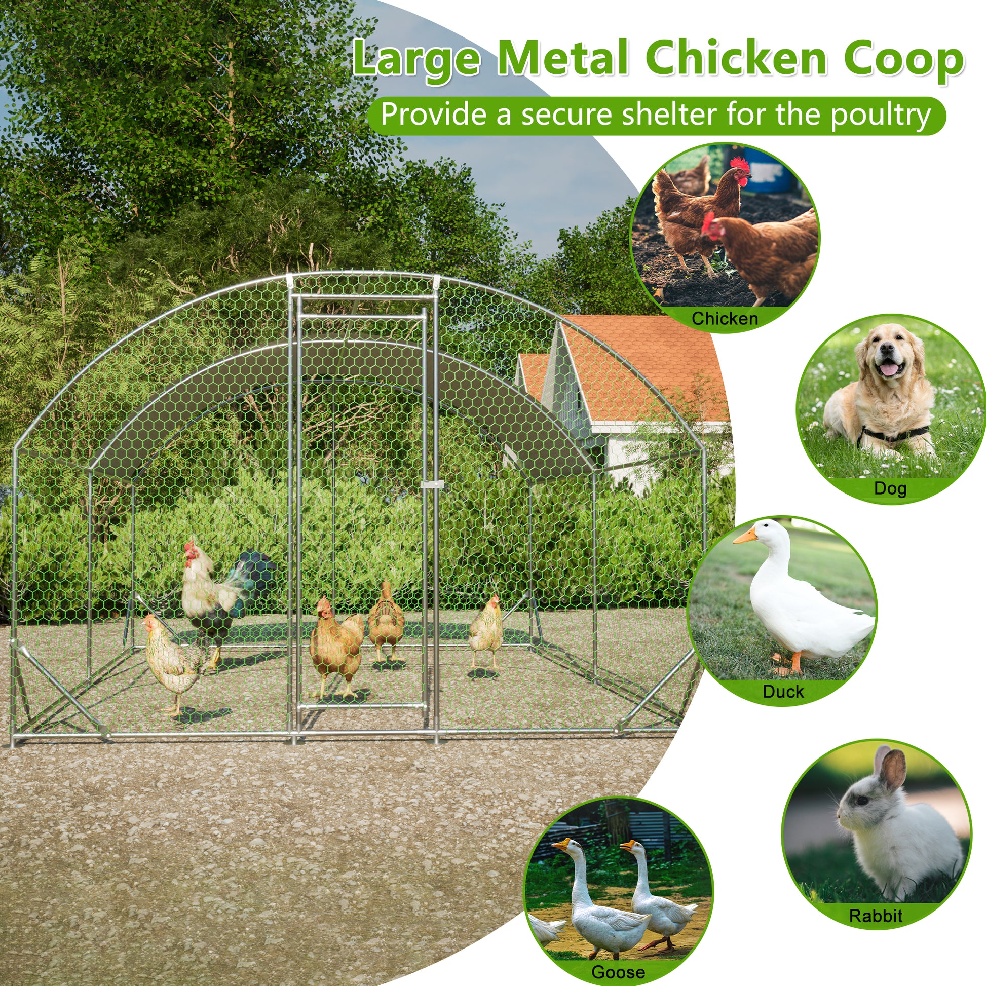 Large Chicken Coop Metal Chicken Run With Waterproof And Anti Uv Cover, Dome Shaped Walk In Fence Cage Hen House For Outdoor And Yard Farm Use, 1" Tube Diameter, 9.84' X 13.12' X 6.56' Silver Metal