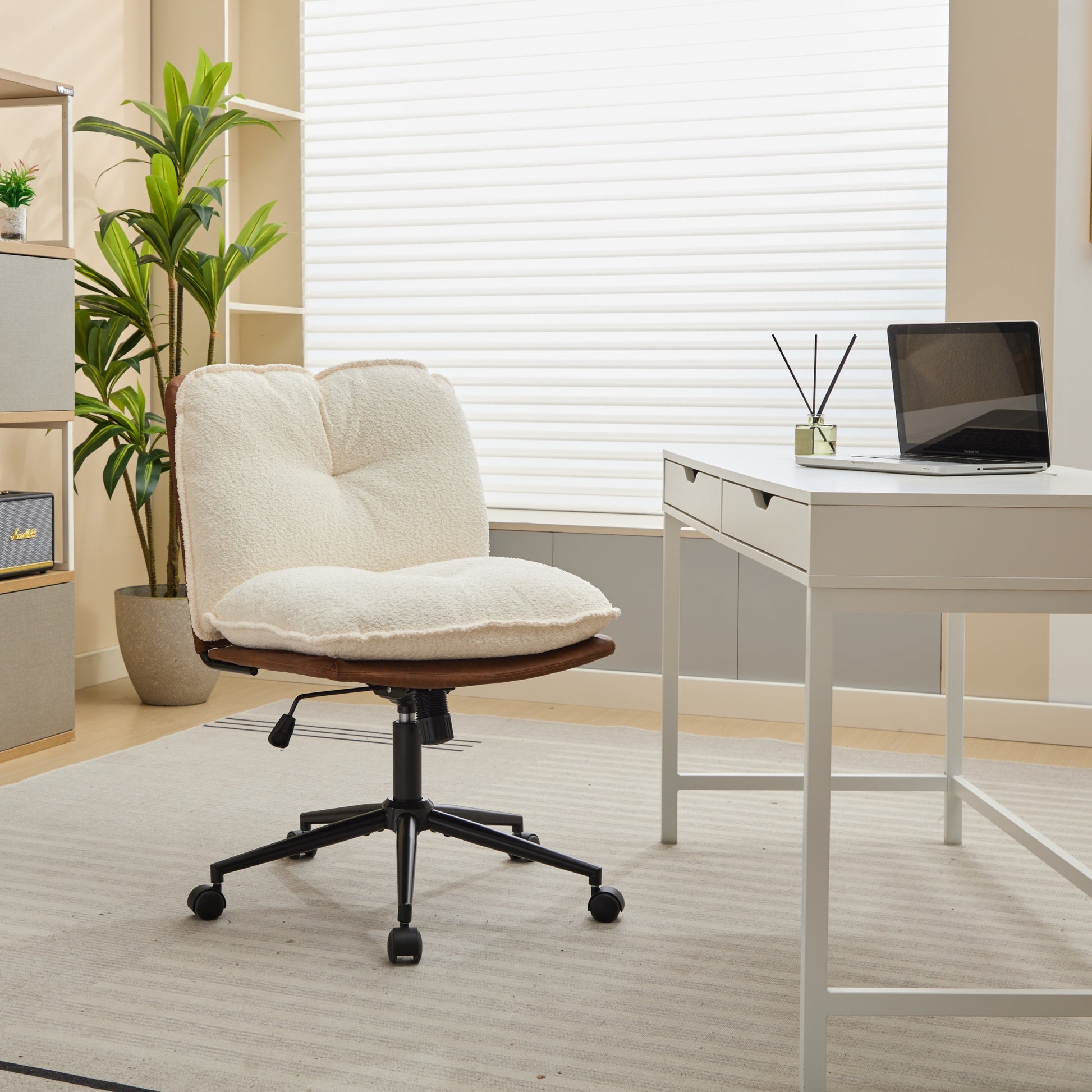 Oversize Seat Cirss Cross Chair With Wheels, Elegant Design Computer Chair, Adjustable Height 360 Rolling Swivel Home Office Chair For Small Space, Dressing Room, Living Room Brown White Dark Brown White Primary Living Space Casual Foam Pu Leather