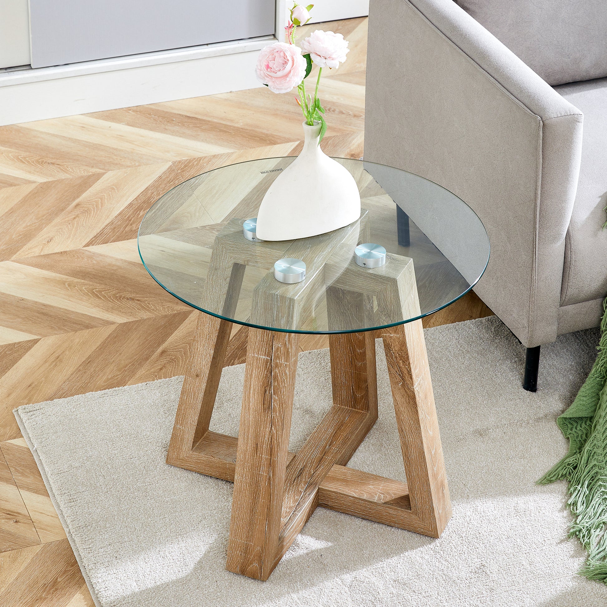 Modern And Practical Round Table. Made Of Clear Tempered Glass Top And Wood Coloured Mdf Material. Suitable For Living Rooms And Bedrooms. Wood Mdf Glass