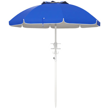 Outsunny 5.7' Portable Beach Umbrella With Tilt, Adjustable Height, 2 Cup Holders & Hooks, Uv 40 Ruffled Outdoor Umbrella With Vented Canopy, Blue Blue Polyester