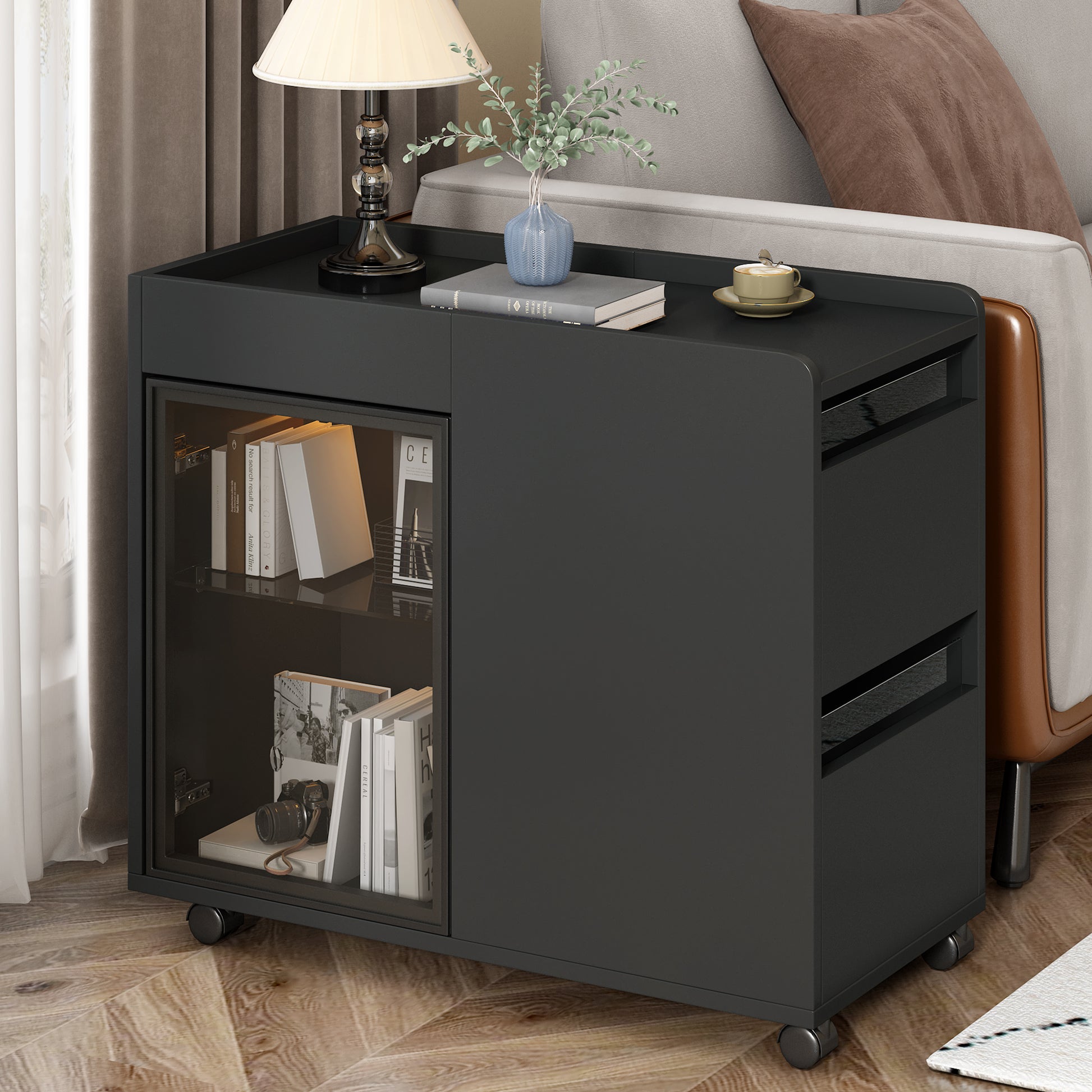 Modern End Table With Led Light And Wheels, Side Table With Transparent Brown Glass Door, 2 Storage Shelves And Drawers For Living Room, Black Black Mdf