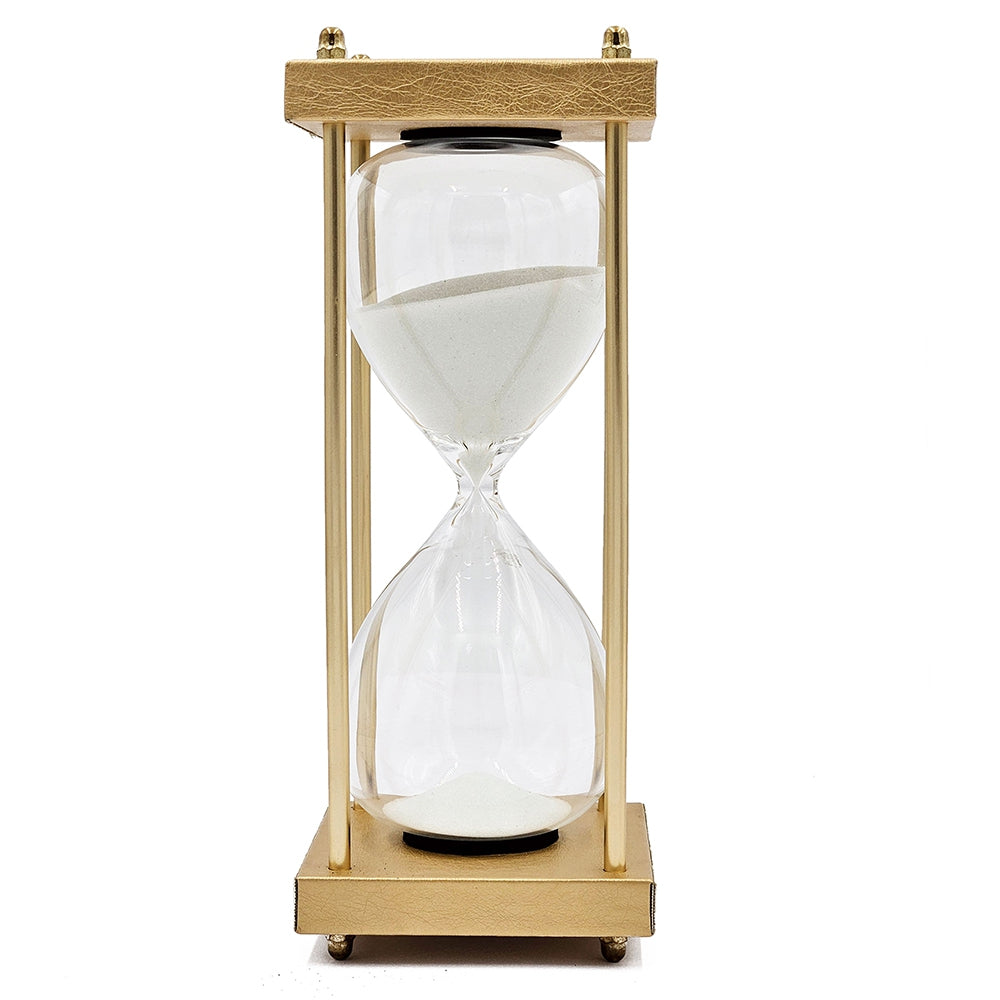 10" Papin Natural 30 Minute Hourglass, Framed With An Metal Stand, Gold&White Gold,White Pu Leather,Wood Metal Glass