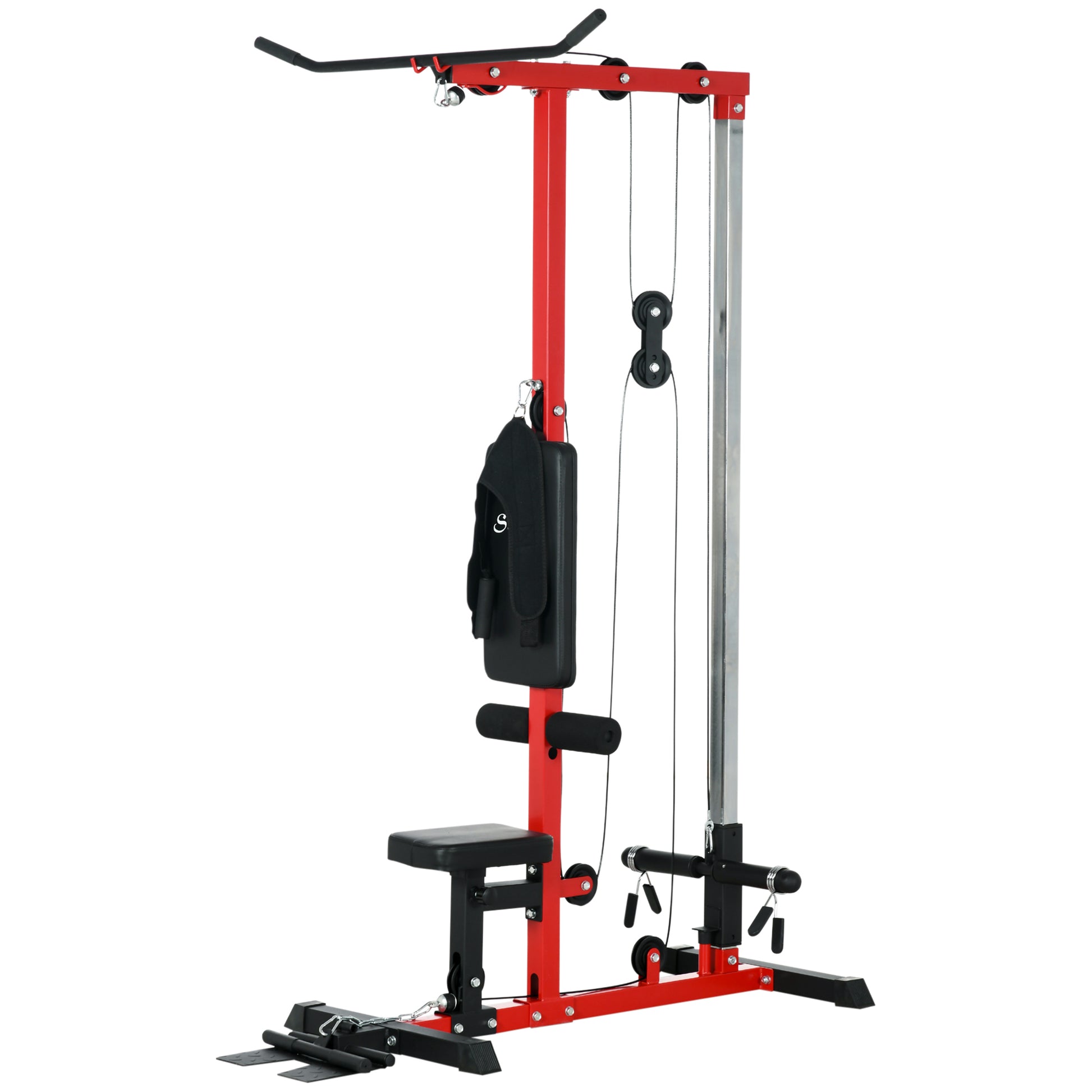 Soozier Cable Machine, Lat Machine With High And Low Pulley Stations, Cable Row Machine With Adjustable Seat And Flip Up Footplate, For Home Gym, Black And Red Black Red Steel