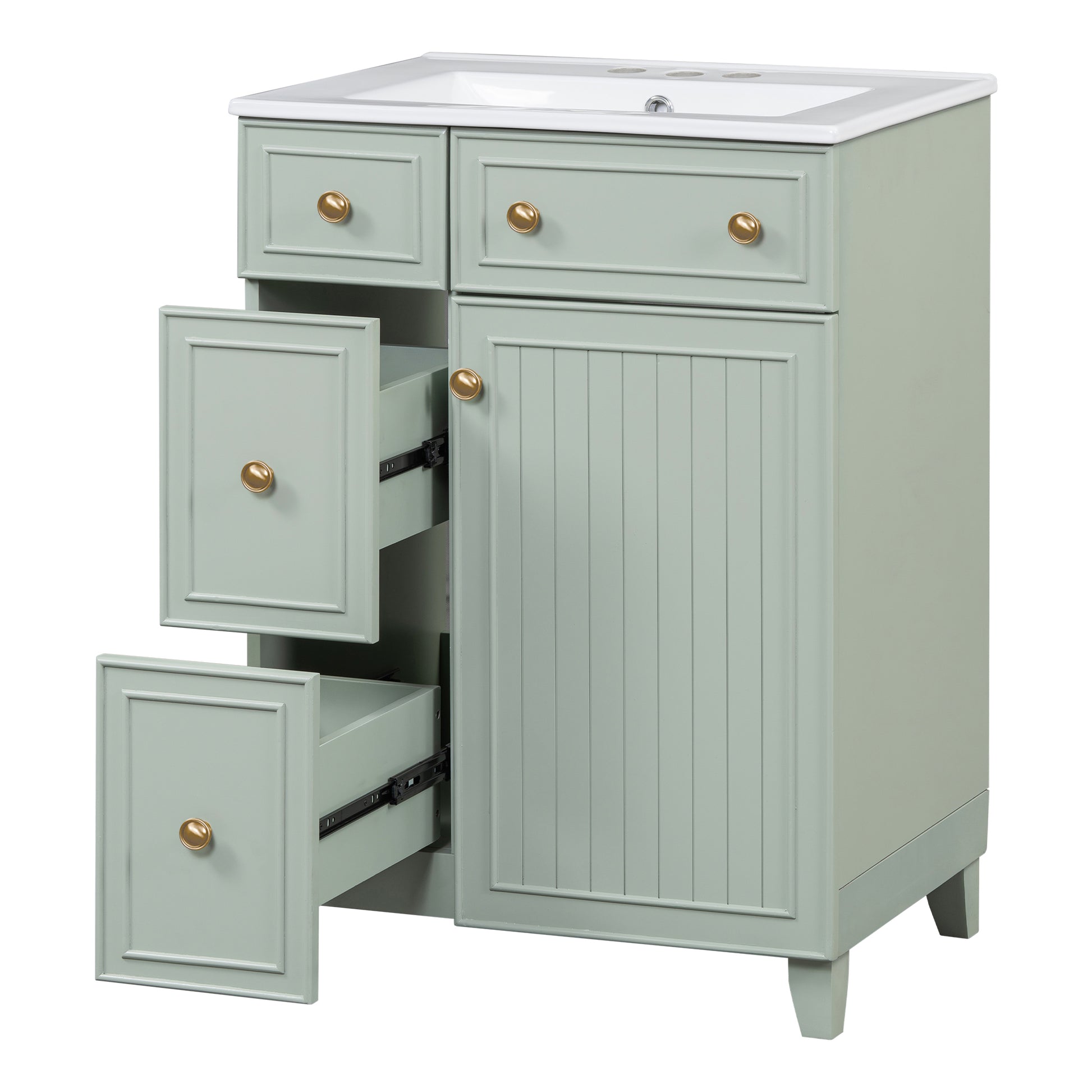 24 Inch Bathroom Vanity Cabinet With Ceramic Sink, 2 Drawers, 1 Door Green Bathroom Solid Wood Mdf