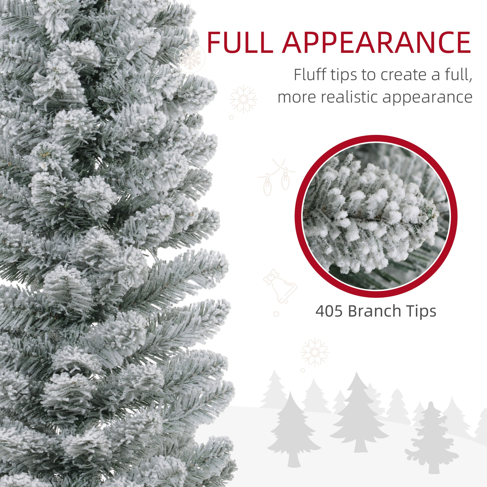 Homcom 7Ft Artificial Pencil Christmas Tree With 405 Snow Flocked Tips, Metal Base, Realistic Xmas Tree Green Plastic