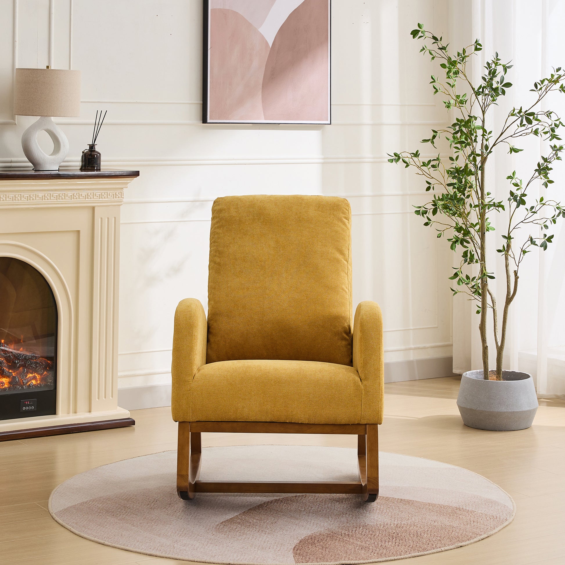 27.2"W Rocking Chair For Nursery, Polyester Glider Chair With High Back And Side Pocket, Rocking Accent Armchair With Rubber Wood Legs For Living Room Bedroom.Mustard Mustard Polyester