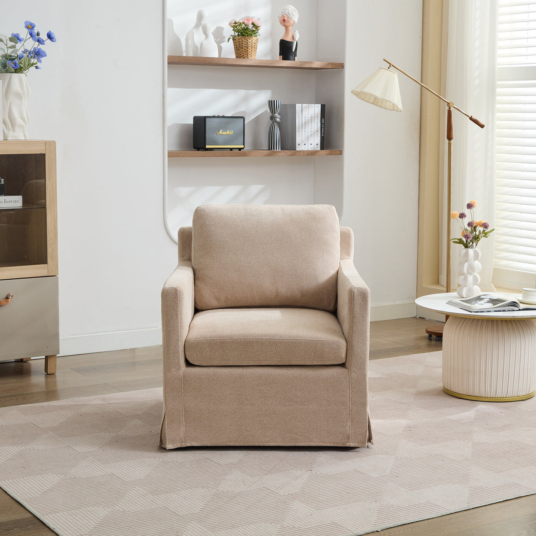 29.92'' Swivel Accent Chair, Upholstered Skirted Swivel Chair With Removable Back Cushion, 360 Degree Comfy Armchair For Living Room, Nursery, Lounge,Office,Wheat Chenille Wheat Chenille