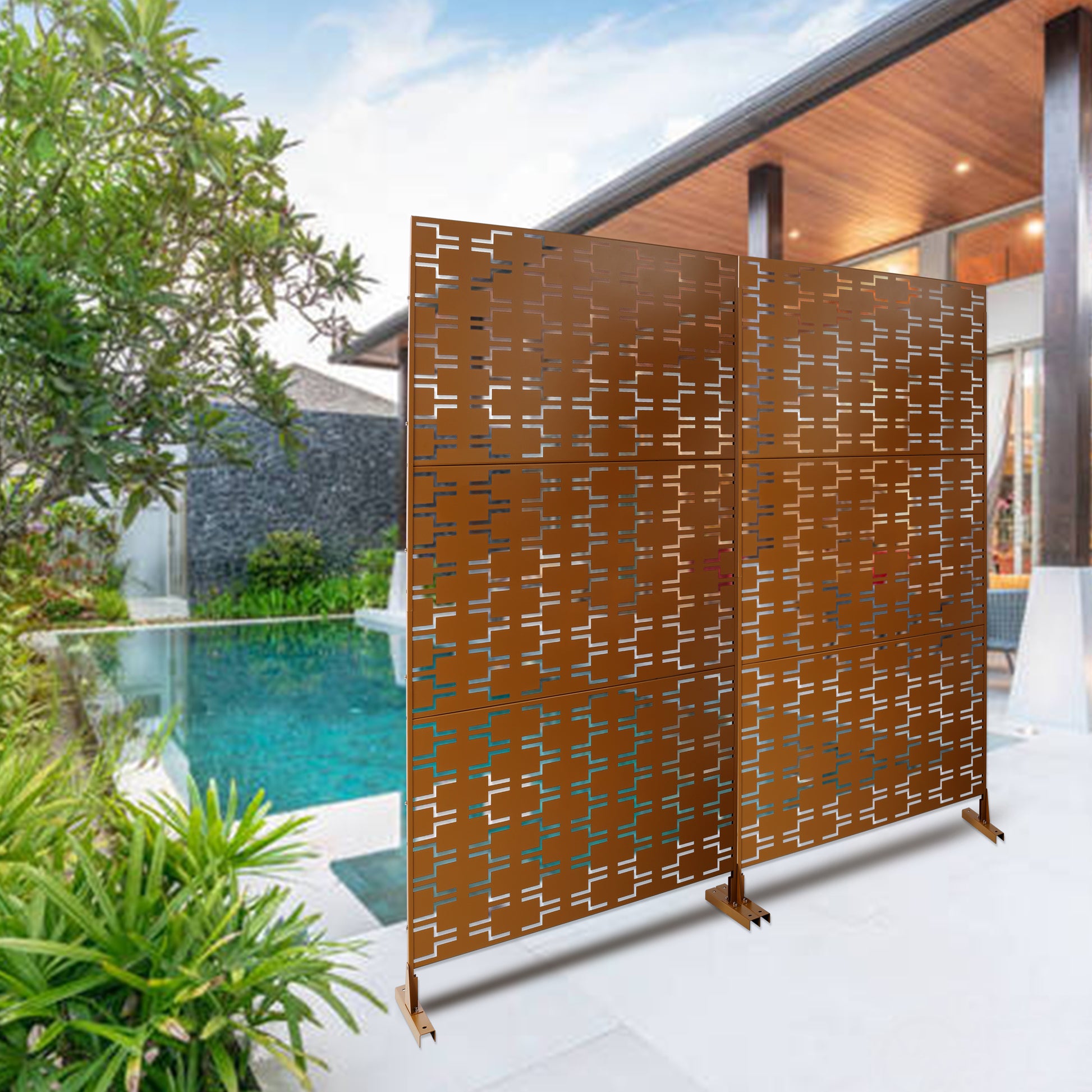 Outdoor & Indoor Privacy Screen Metal Privacy Screen 76" H 48" W, Freestanding Decorative Privacy Screen For Deck Balcony Patio, Privacy Fence Panels For Outside Lawn Garden Ps112 Brown Brown Steel