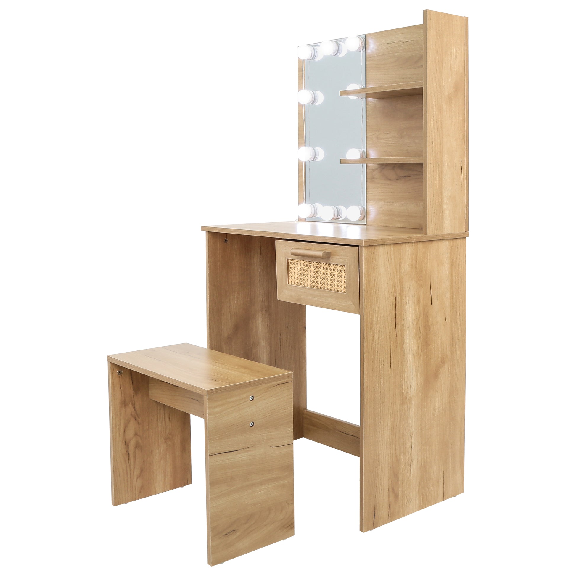 Vanity Desk Set Stool & Dressing Table With Led Lighting Mirror Drawer And Compartments Modern Wood Cosmetic Table Chest Of Drawers Nature Color Natural Wood Particle Board