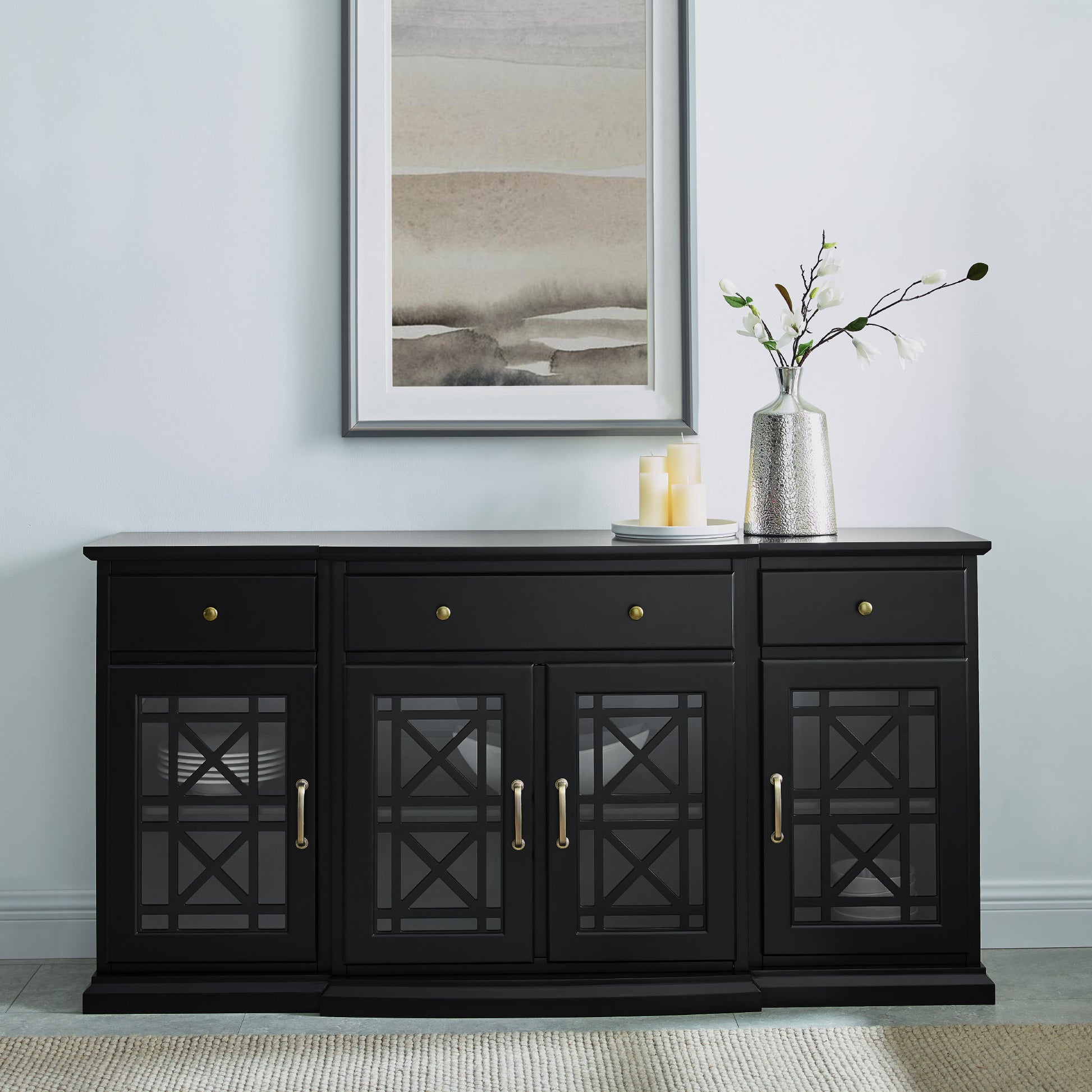 Classic Fretwork Detailed Glass Door Sideboard Black Black Mdf