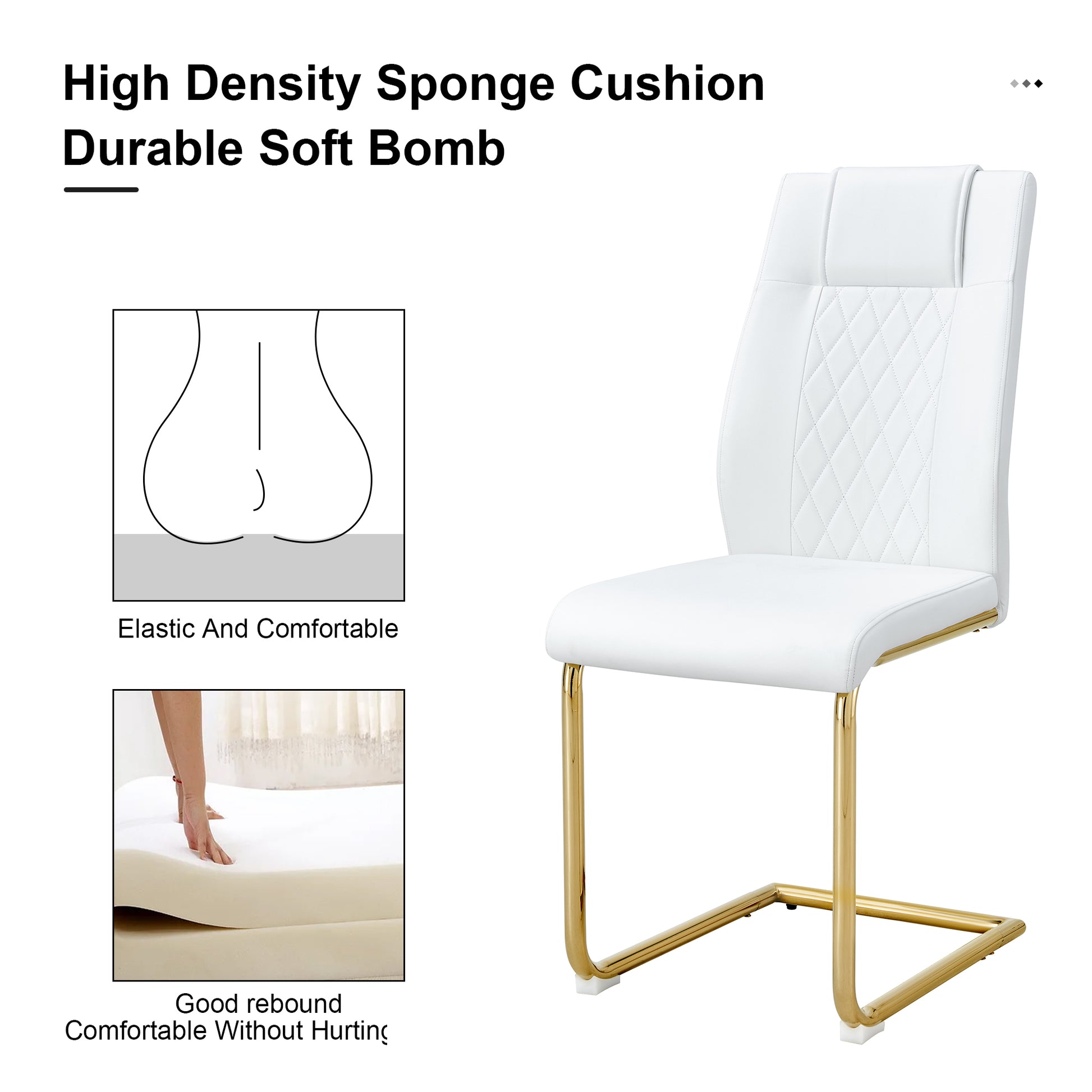 Table And Chair Set.Modern Rectangular Glass Dining Table With A Tempered Glass Tabletop And Metal Legs, Paired With Multiple Chairs Designed With Pu Cushions And Golden Metal Legs. White Gold Seats 6 Tempered Glass