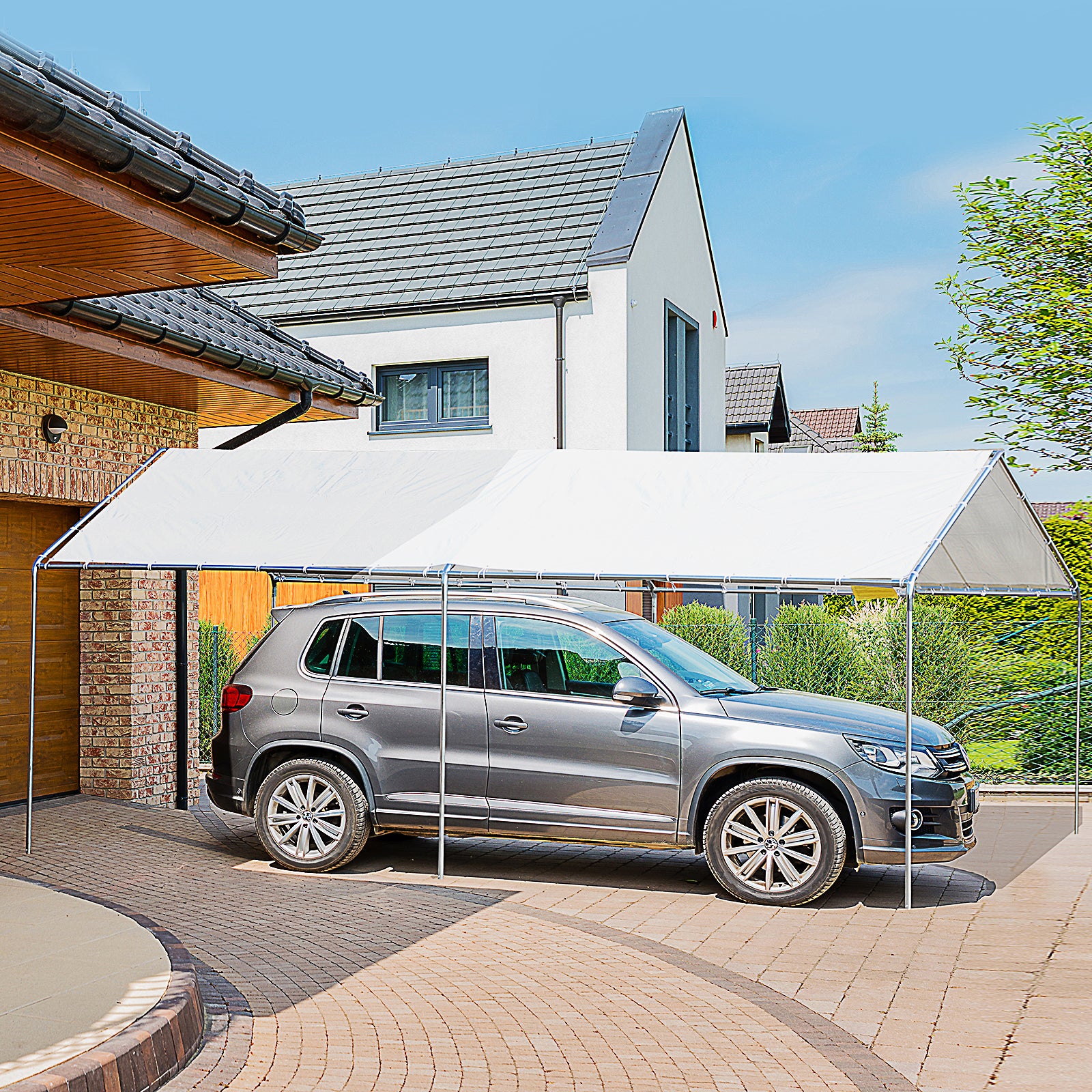 Outsunny 10'X20' Carport Heavy Duty Galvanized Car Canopy With Included Anchor Kit, 3 Reinforced Steel Cables, White White Steel