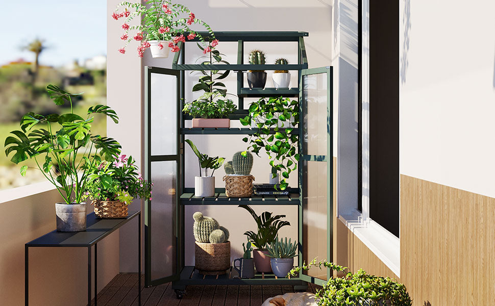 62Inch Height Wood Large Greenhouse Balcony Portable Cold Frame With Wheels And Adjustable Shelves For Outdoor Indoor Use, Forest Green Green Casual Wood Solid Wood