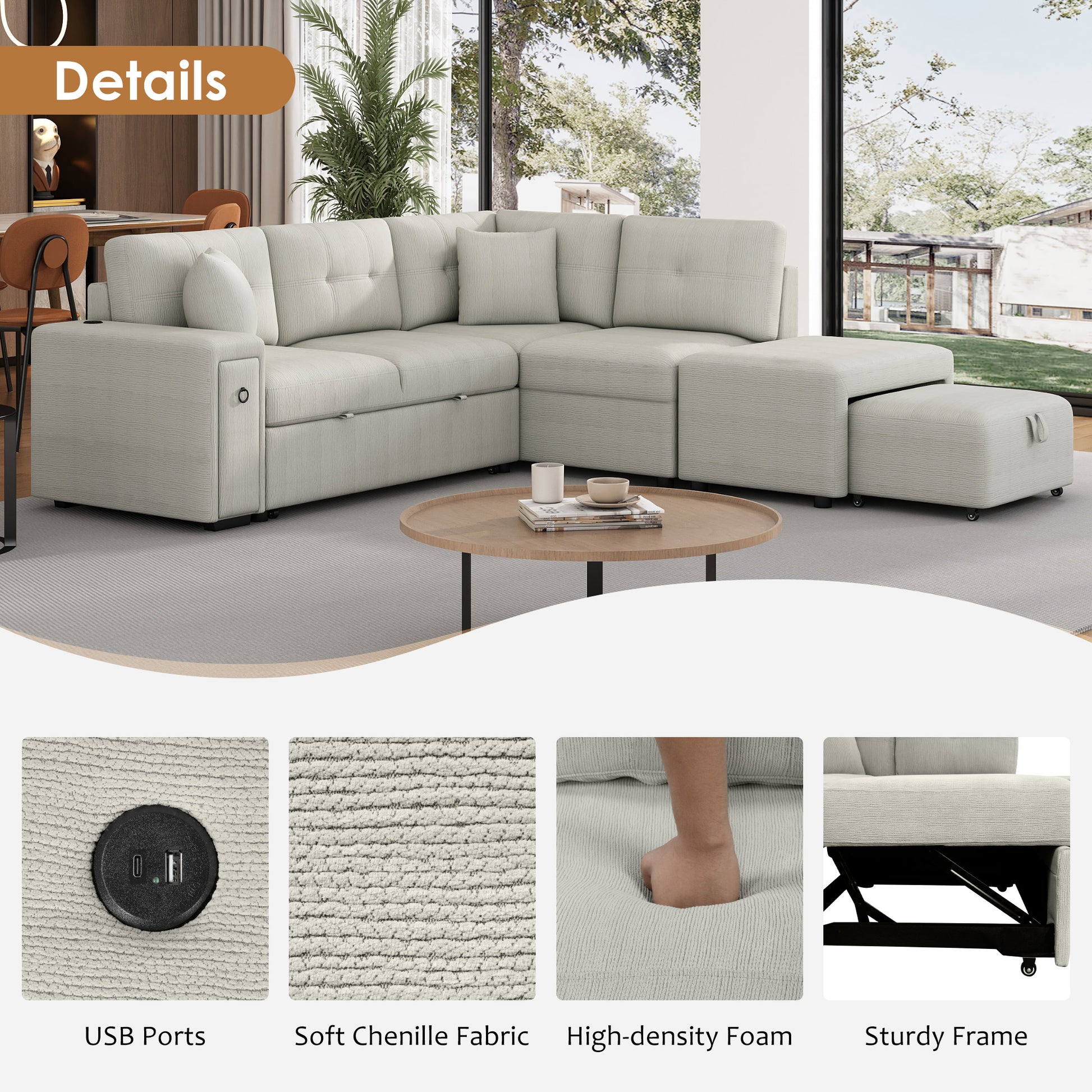 86.6" Sectional Sofa L Shaped Sofa Couch Pull Out Sofa Bed With A Movable Ottoman, Two Usb Ports And Two Cup Holders For Living Room, Gray Grey Foam Chenille 4 Seat