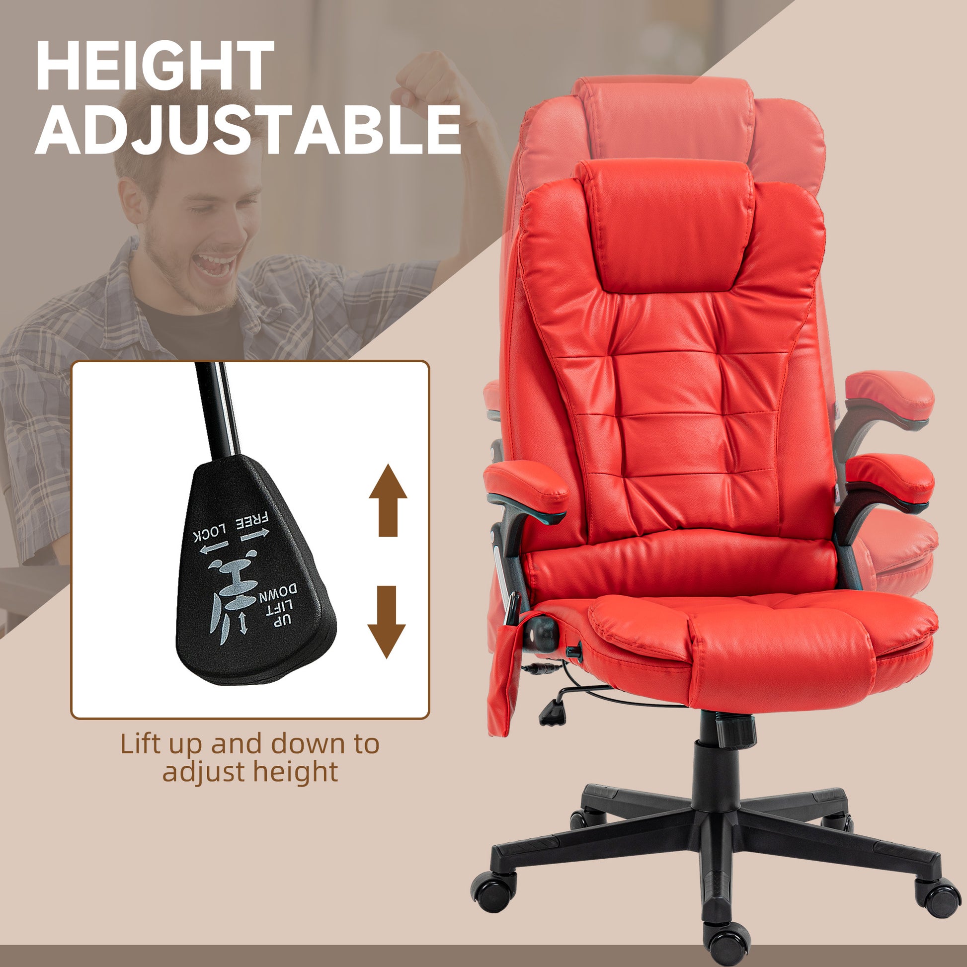 Homcom High Back Vibration Massage Office Chair With 6 Vibration Points, Heated Reclining Pu Leather Computer Chair With Armrest And Remote, Red Red Pu