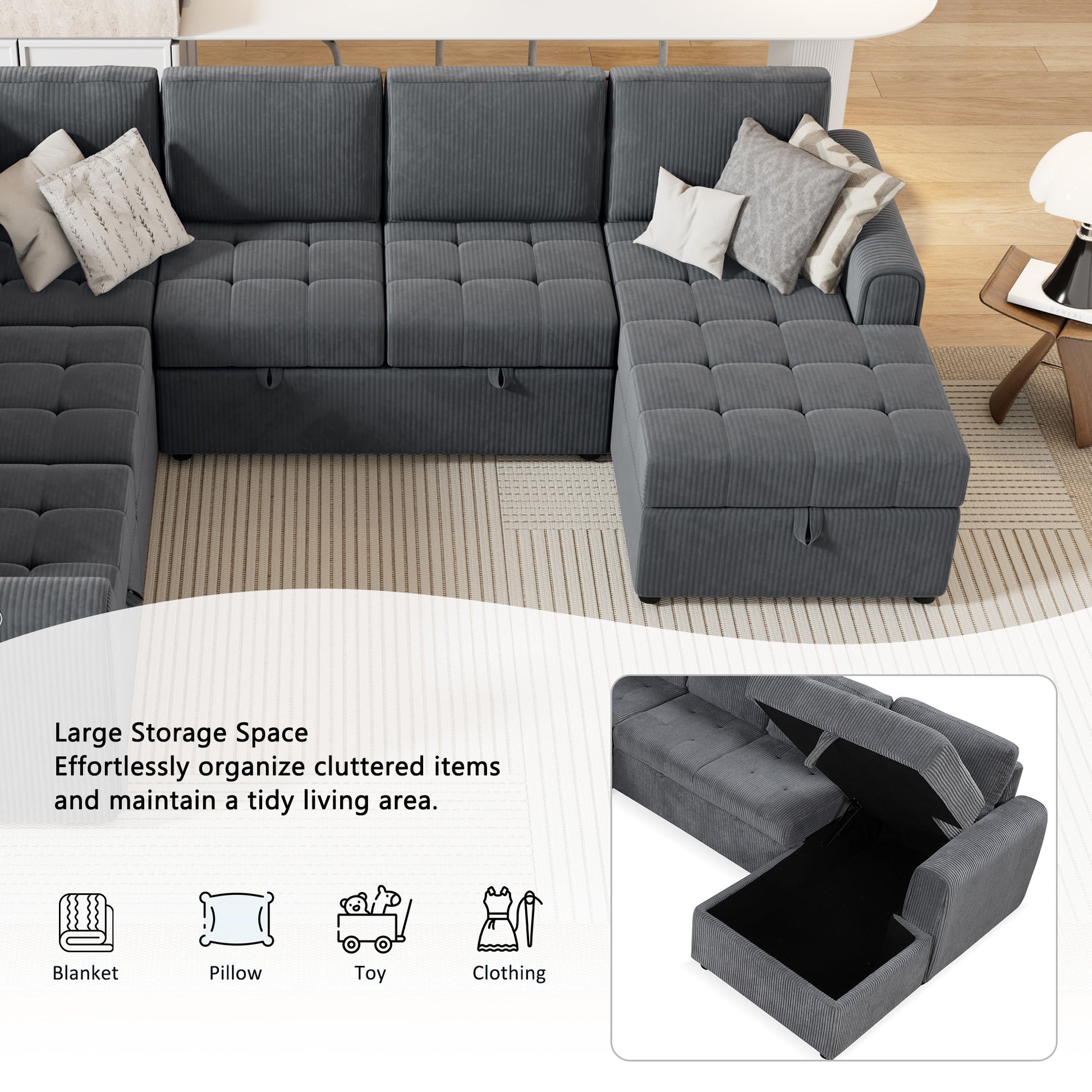 107.5" U Shaped Sofa Sectional Sofa Pull Out Sofa Bed With A Storage Chaise Lounge, Charging Devices For Living Room, Gray Gray Foam Corduroy 5 Seat