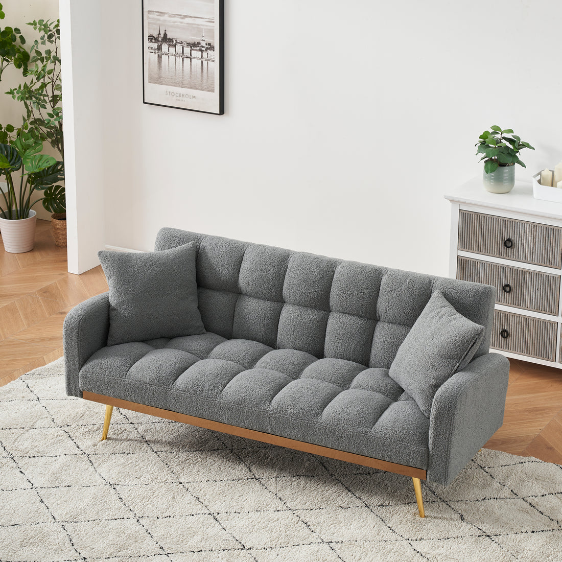 69 Inch Grey Sofa Bed With Adjustable Sofa Teddy Fleece 2 Throw Pillows Gray Fabric 2 Seat