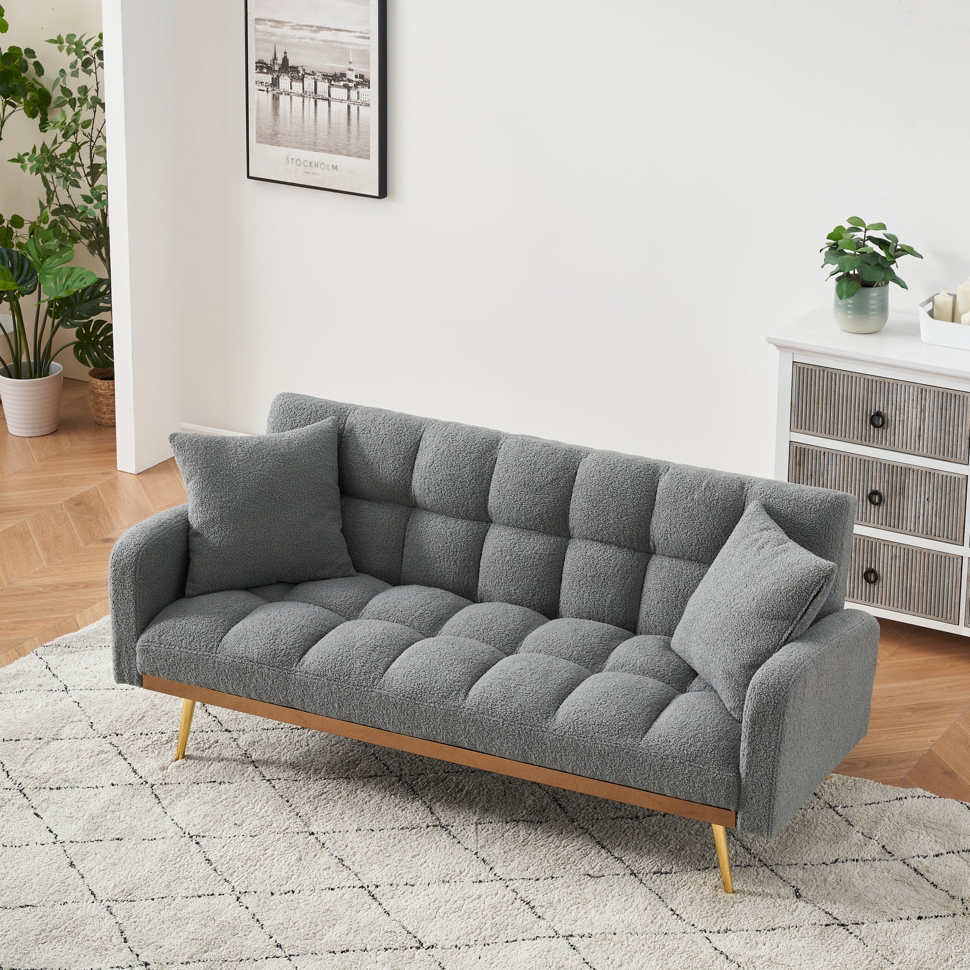 69 Inch Grey Sofa Bed With Adjustable Sofa Teddy Fleece 2 Throw Pillows Gray Fabric 2 Seat