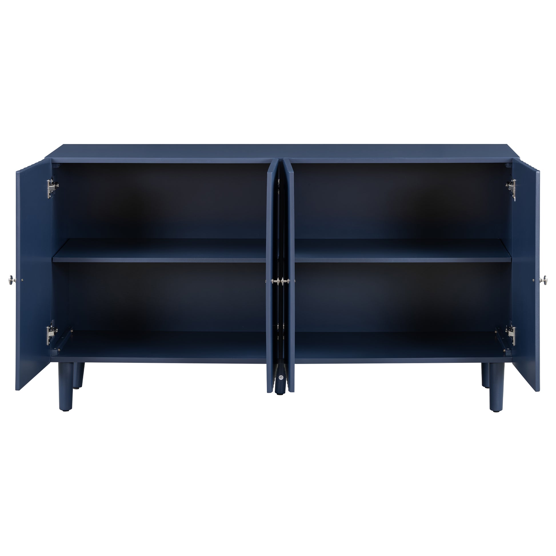 Elegant Four Door Sideboard With Wavy Pattern Doors, Cylindrical Legs, And Sleek Metal Handles, Adjustable, Suitable For Study, Entryway And Living Room Navy Blue Primary Living Space American