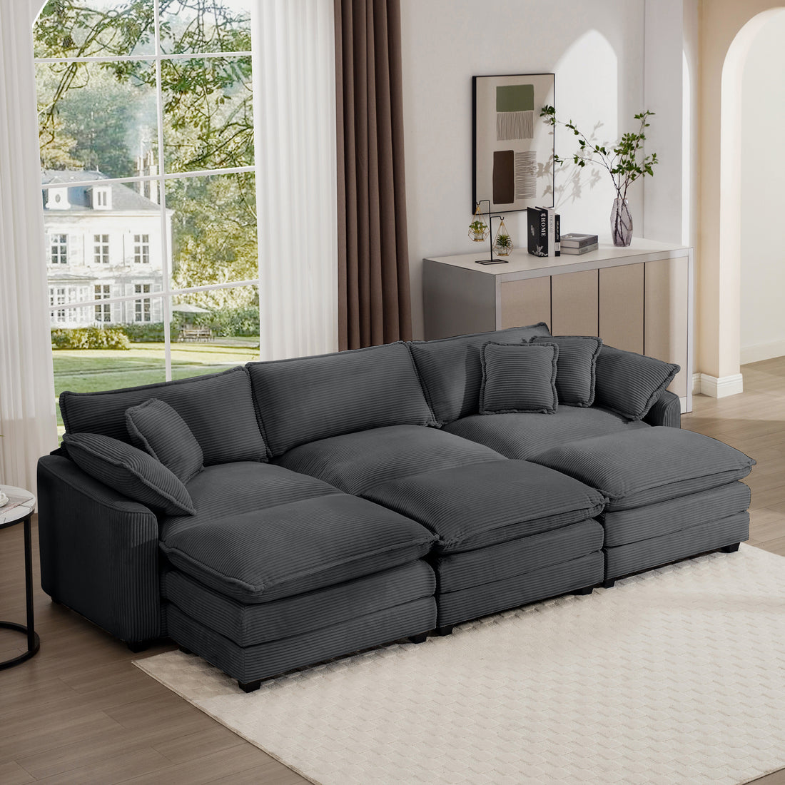 Oversized Modular Cushion Sofa, Portable Ottoman, L Shaped Corner Low Back Deep Seating Spacious Sofa Setfor Home Apartment Living Room Set, Grey Corduroy Grey Corduroy 3 Seat
