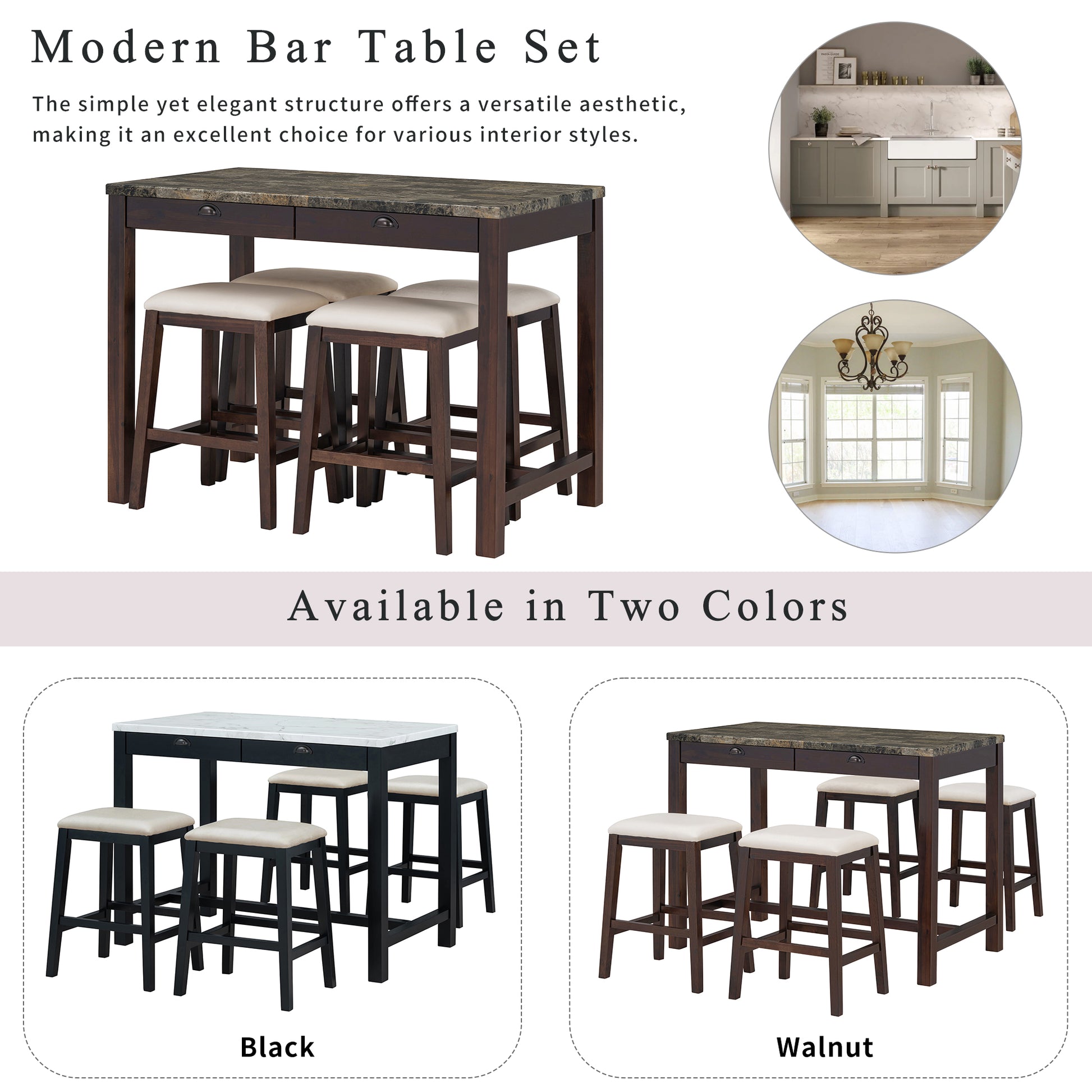 5 Piece Modern Faux Marble Versatile Bar Table Set With Storage Drawers And Padded Stools, Ideal For Space Saving Dining Nooks Or Small Kitchens Walnut Walnut Solid Wood Mdf