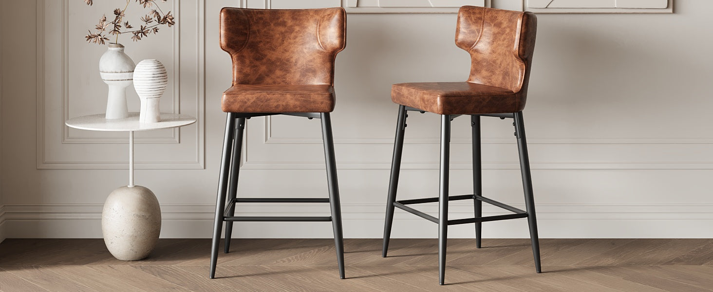 28Inch Counter Height Bar Stools Set Of 2, Modern Bar Upholstered Chairs With Pu Leather, Metal Footrest And Frame For Kitchen Island, Bar Table, Dining Room, Brown Solid Kitchen Solid Back Set Of 2