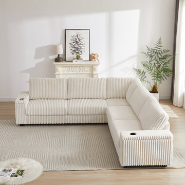110 Inch Oversized Corduroy Corner Sofa,L Shaped Corner Couch With Two Storage Spaces,Usb Port & T Pyce Port And Cup Holderdeep Seat Comfy Upholstered Couches For Living Room Not Freely Combinable Beige Corduroy 5 Seat