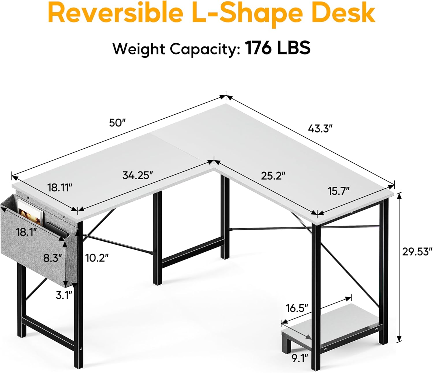 L Shaped Desk Gaming Computer 50 Inch Reversible Corner Table Pc For Writing Study Student With Wood Tabletop Metal Frame Cpu Stand Side Bag For Home Office Small Place, White White Wood
