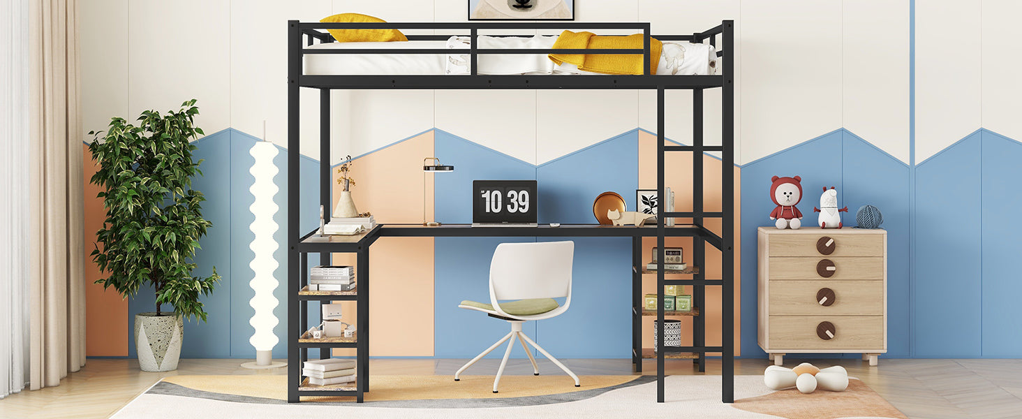 Full Xl Metal Loft Bed With Desk And Shelves, Loft Bed With Ladder And Guardrails, Loft Bed Frame For Bedroom, Black Full Xl Black Metal