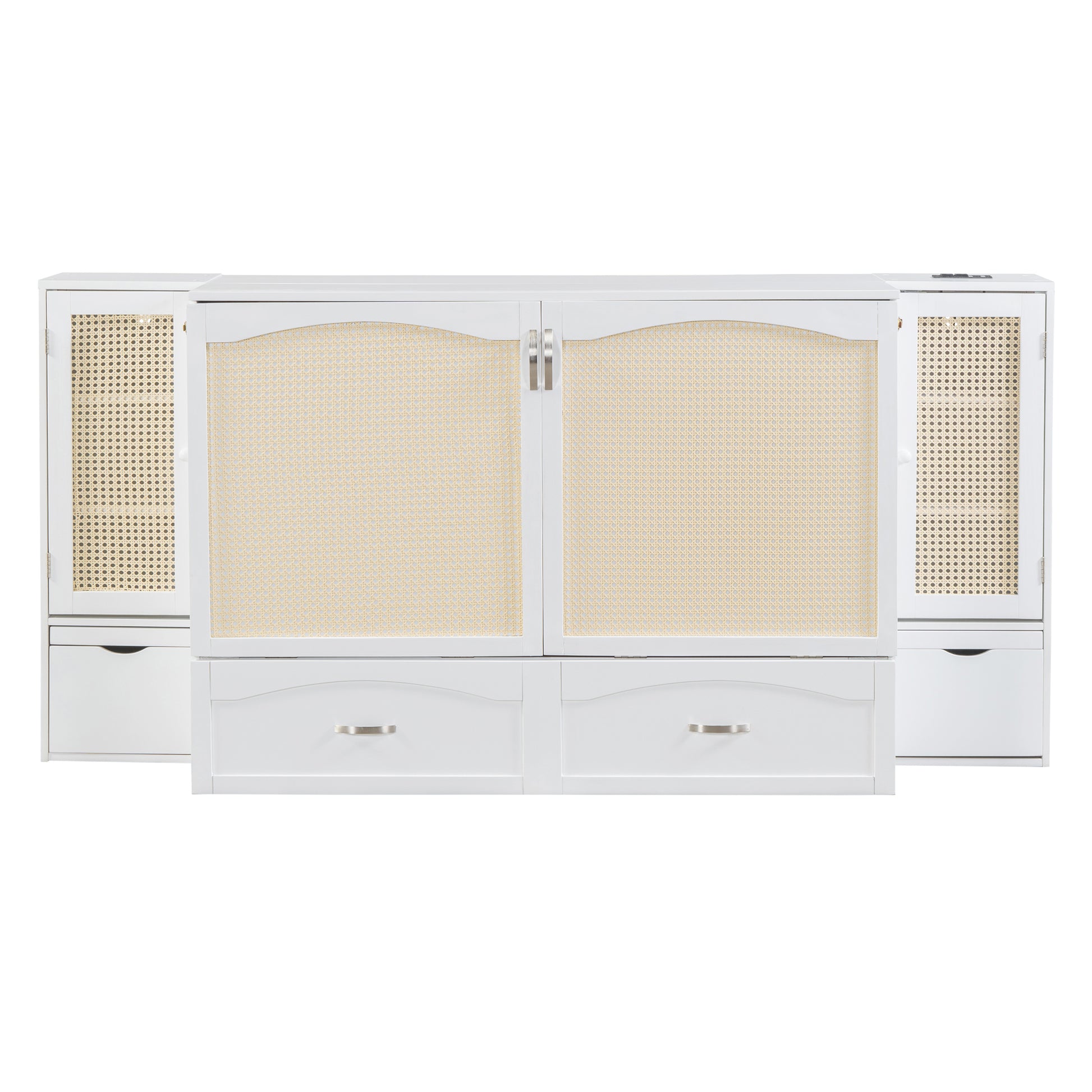 Queen Size Murphy Bed Wall Bed With Drawer And Rattan Decoration With 2 Storage Cabinets, One Set Of Sockets & Usb Ports, Pulley Structure Design, White Queen White Plywood