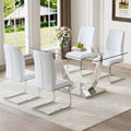 Table And Chair Set.Modern Dining Table,Tempered Glass Tabletop And Silver Colored Leg.Paired With 4 Soft And Comfortable White Pu Chair, Perfect For Dinner, Meetings, Home And Office Decor. White