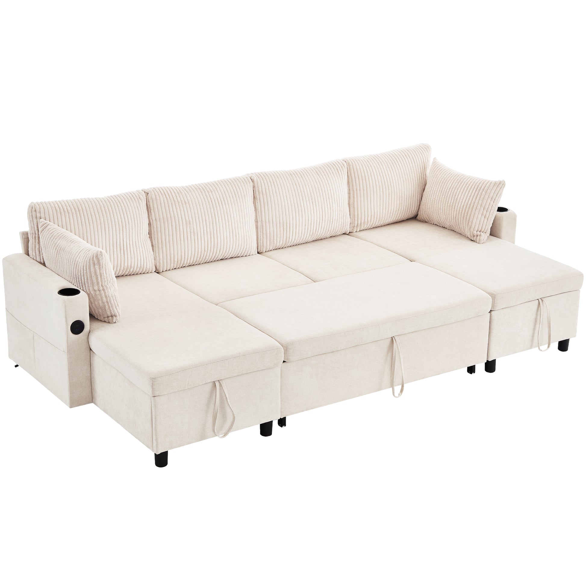 111.8" Sectional Sofa Pull Out Sofa Bed Versatile Sofa Sleeper With Large Storage Space, Two Usb Ports And Two Cup Holders For Living Room, Beige Beige Foam Chenille 4 Seat