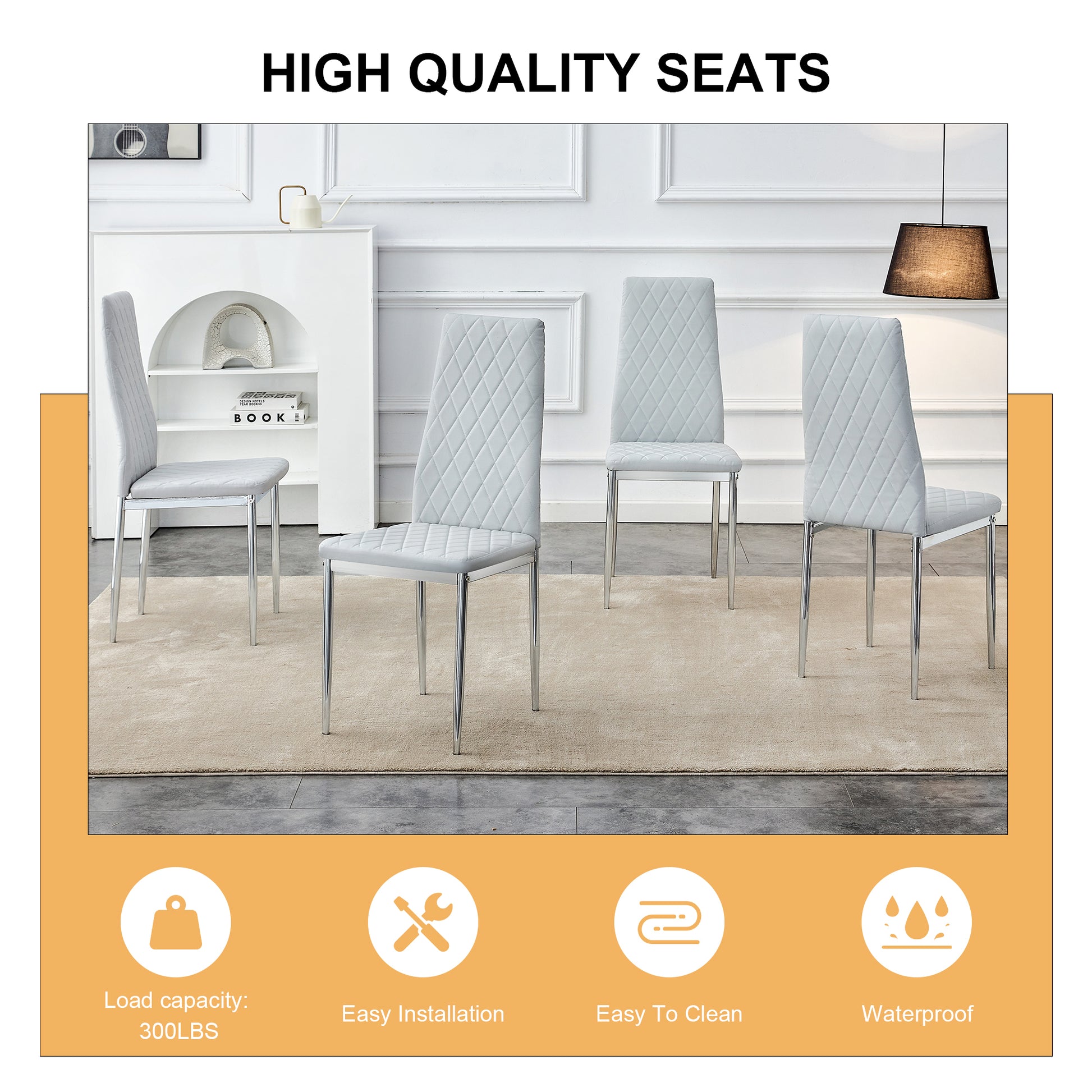 Table And Chair Set.Rectangular Dining Table With Tempered Glass Tabletop And Silver Plating Metal Legs.Paired With 6 Checkered Armless High Back Light Gray Chairs With Electroplated Metal Legs. Transparent Seats 6 Glass Metal