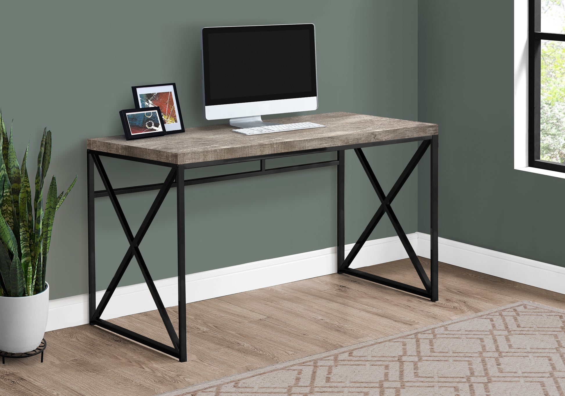 Computer Desk, Home Office, Laptop, Work, Beige Laminate, Black Metal, Contemporary, Modern Taupe Particle Board