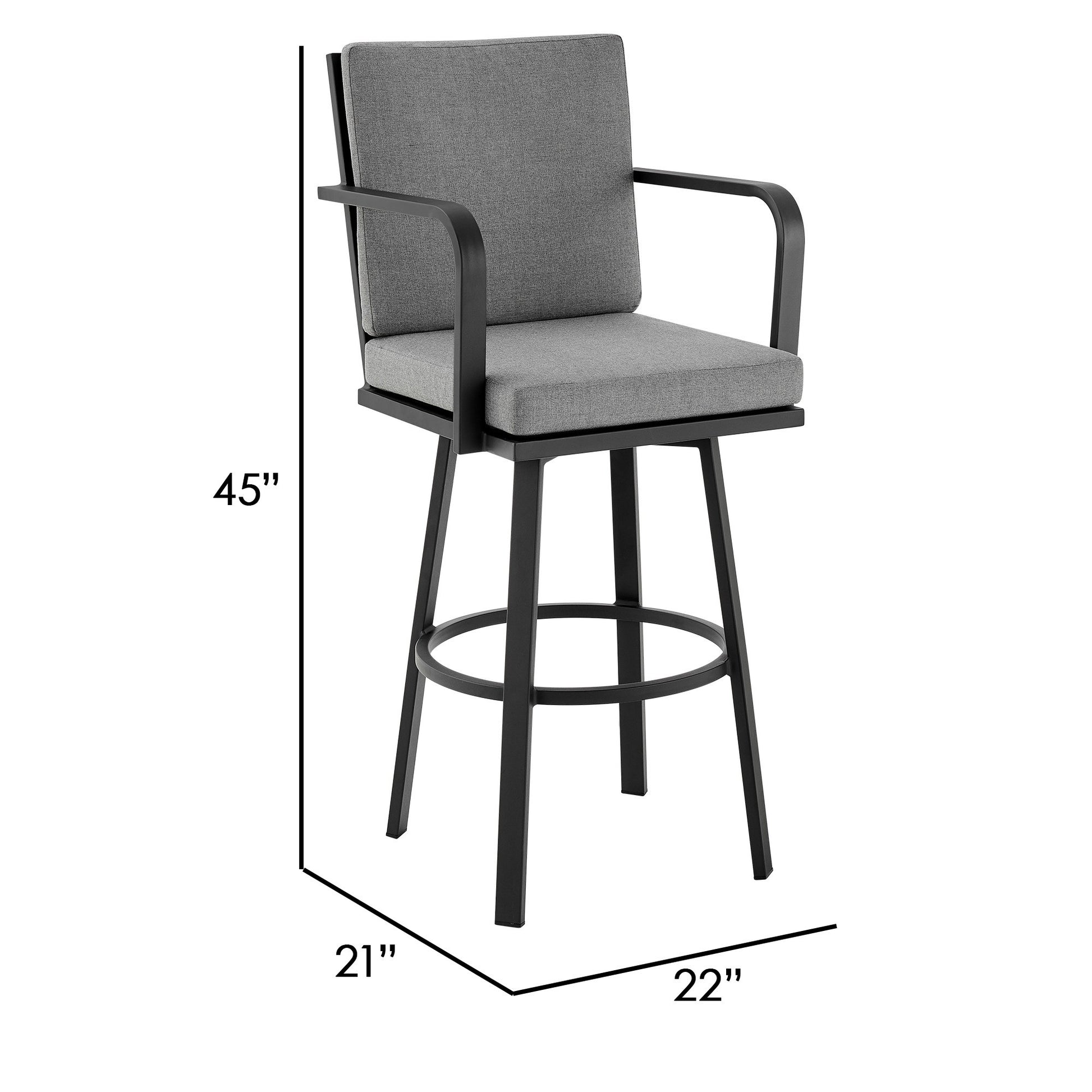 Faye 30 Inch Modern Patio Barstool, Black Aluminum Frame, Gray Cushions Grey Black Aluminum