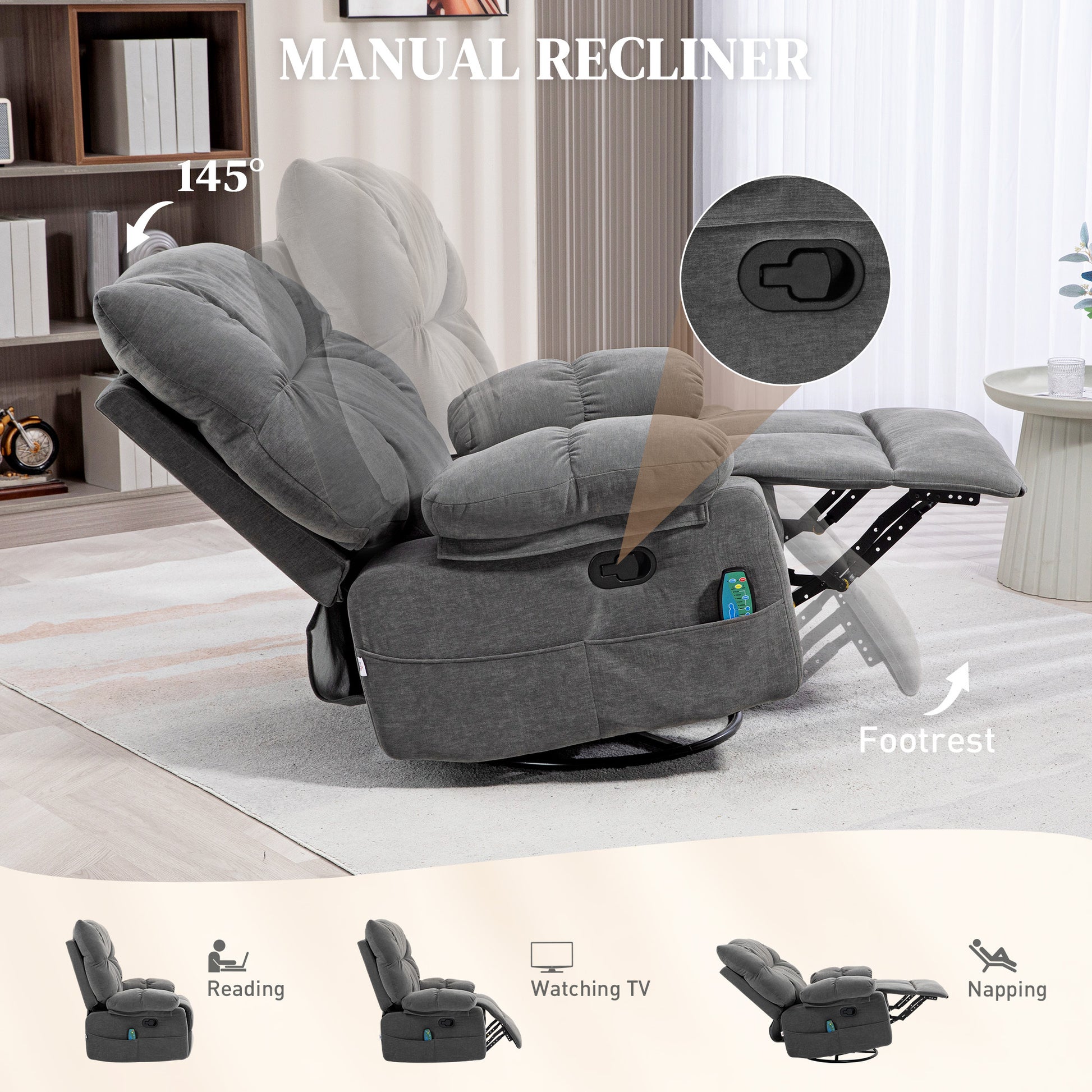 Homcom Vibration Massage Chair Recliner With Heat, Oversized Swivel Rocker Chair, Single Sofa, Teddy Fabric Manual Recliner Chair With Footrest, Remote, And 4 Side Pockets, Dark Gray Dark Gray Polyester