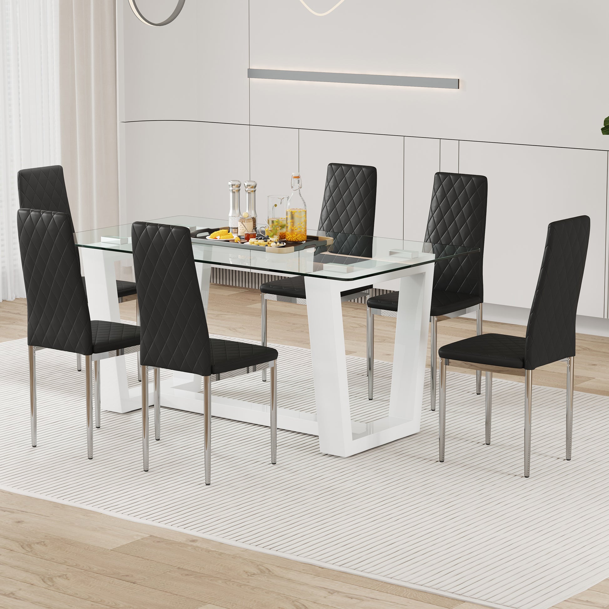 Table And Chair Set.A Rectangular Dining Table Features With Tempered Glass Top And Sleek White Mdf Stand.Paried With 6 Pu Chairs With Checkered Armless High Back And Electroplated Metal Legs. Black,White Seats 6 Mdf Glass