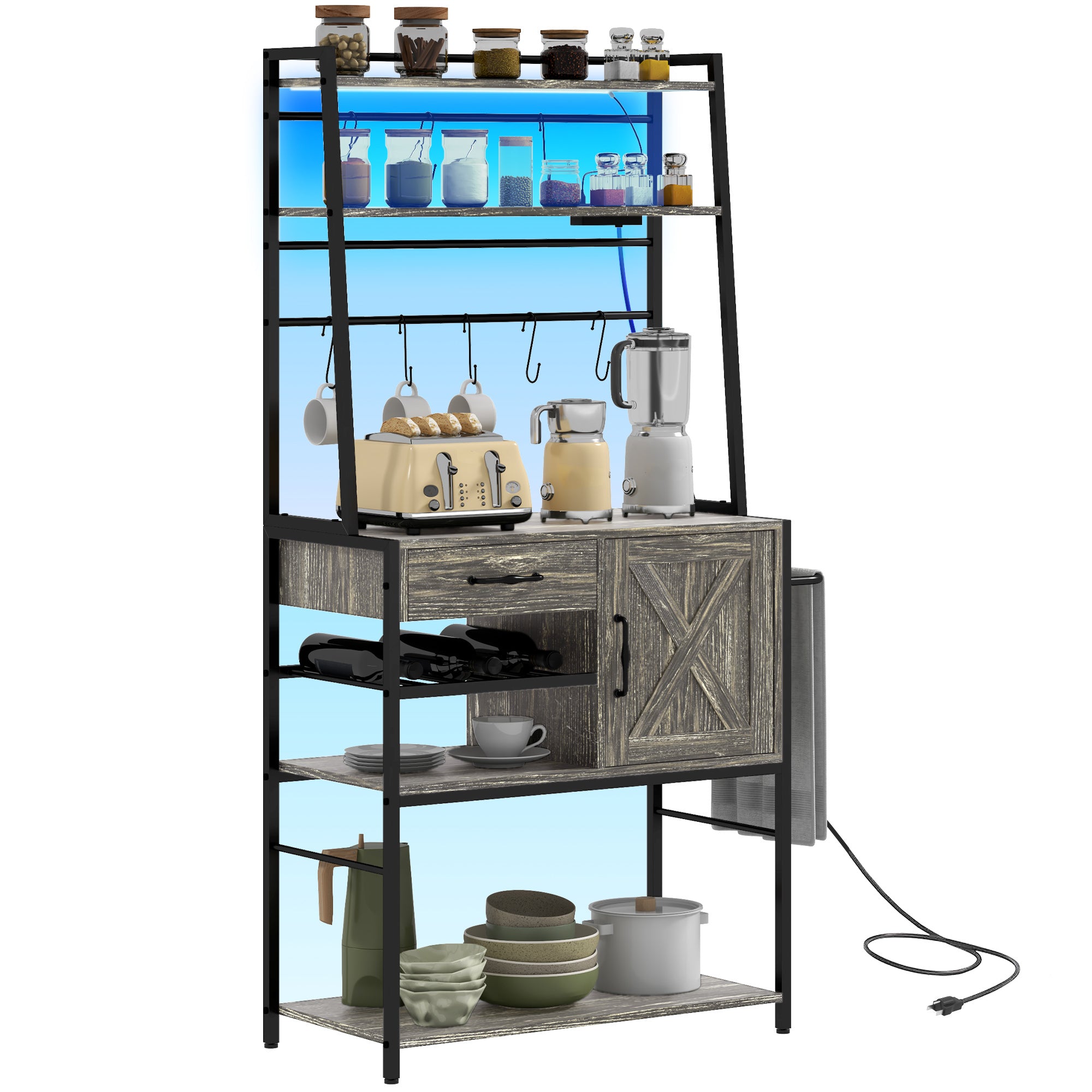 Homcom Baker'S Rack With Power Outlet And Led Lights, Coffee Bar With Storage Shelves, Industrial Microwave Stand With Wine Bottle Rack, Drawer, Barn Door Cabinet, Distressed Gray Gray Particle Board