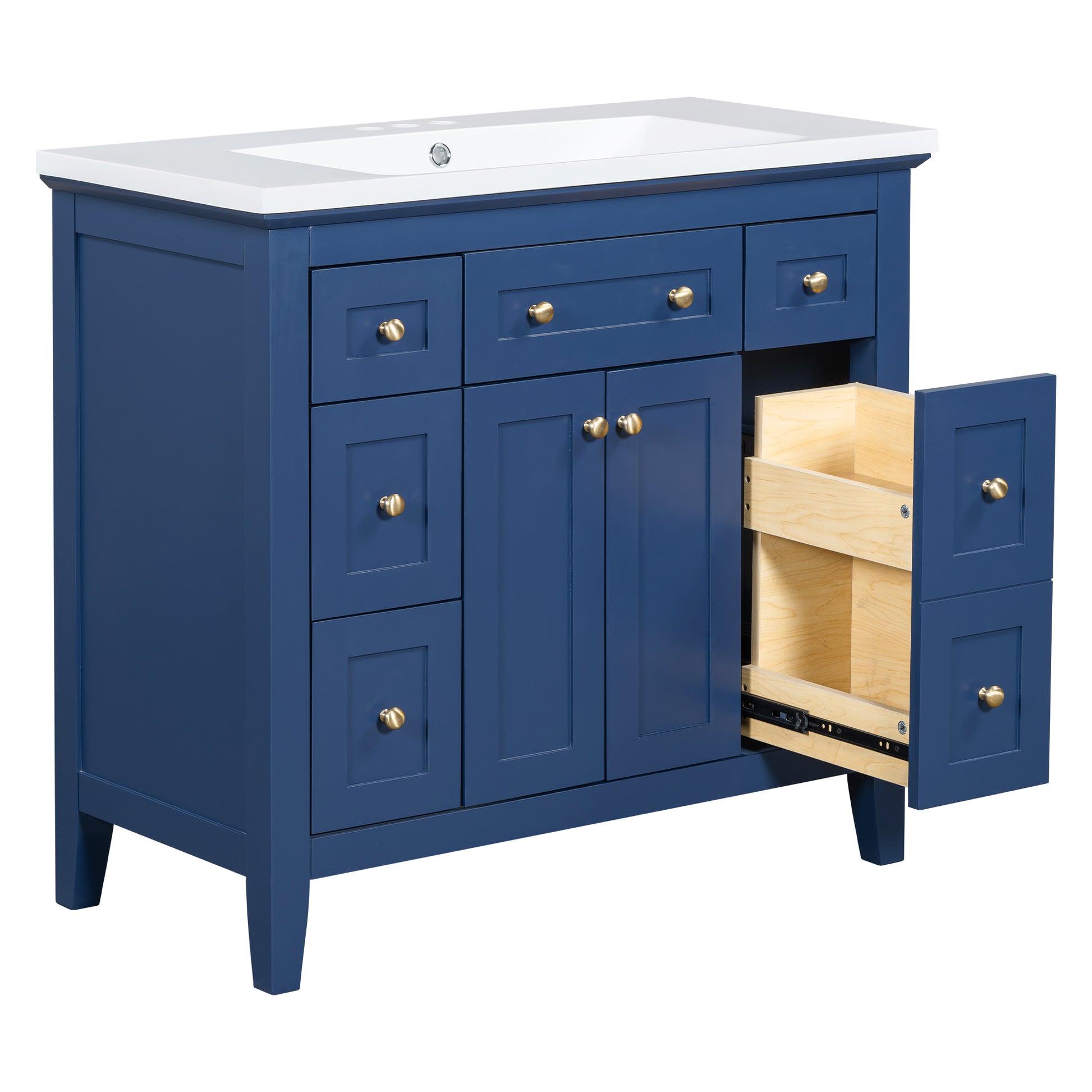 36'' Bathroon Vanity With Resin Sink Combo Set, Modern Freestanding Single Bathroom Cabinet With 6 Drawers & 2 Cabinets, Storage Cabinet For Bathroom, Solid Wood Frame Vanity Set, Blue 4 Blue 2 2 Bathroom Freestanding Solid Wood Mdf Resin Painted